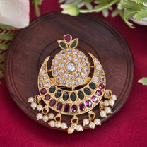 Saree pin, set with kemp and pearls, moon motif. Ahankaraka AKSP01.