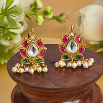 Bugadi ear ornaments, set with stones in several colours, lotus motif. Ahankaraka AKBU10.