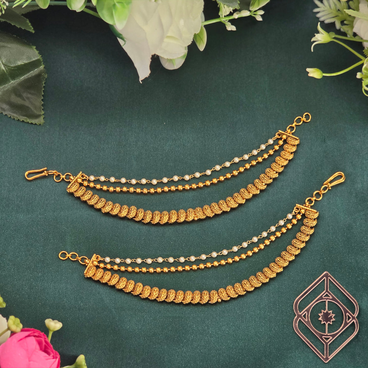 Earchains, Mango motif. Gold and Pearl beads. Ahankaraka AKECH10.