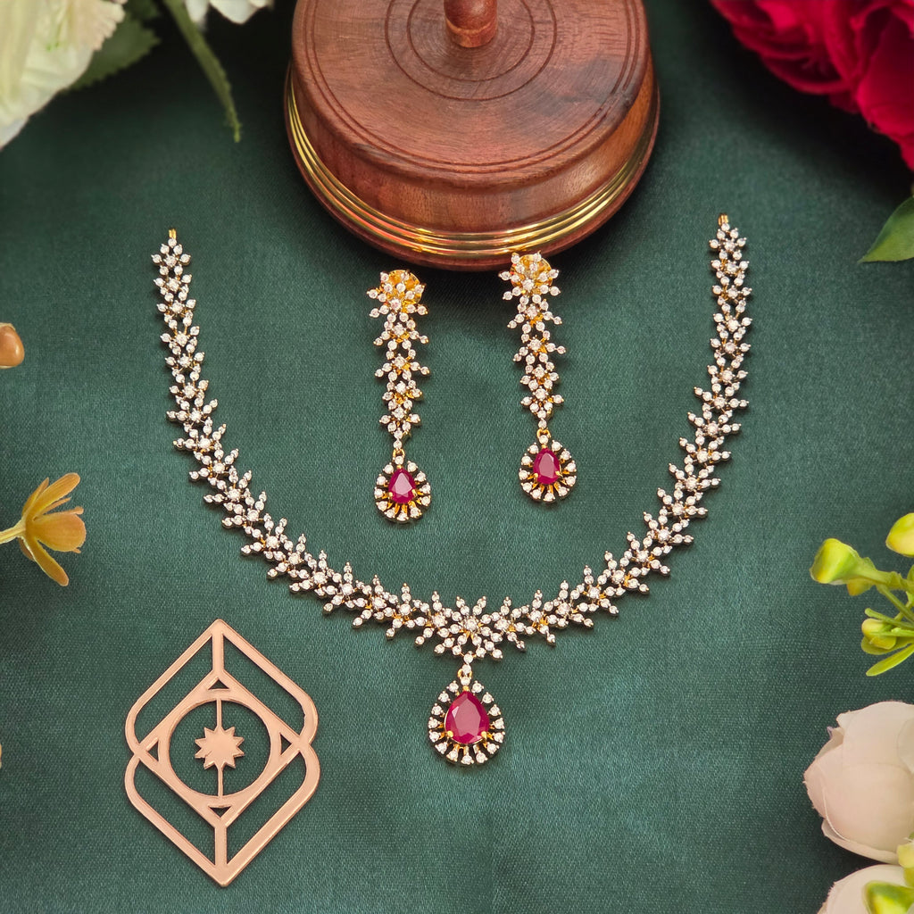 Short necklace, set with American Diamond stones and ruby, floral motif. Ahankaraka AKSN24.