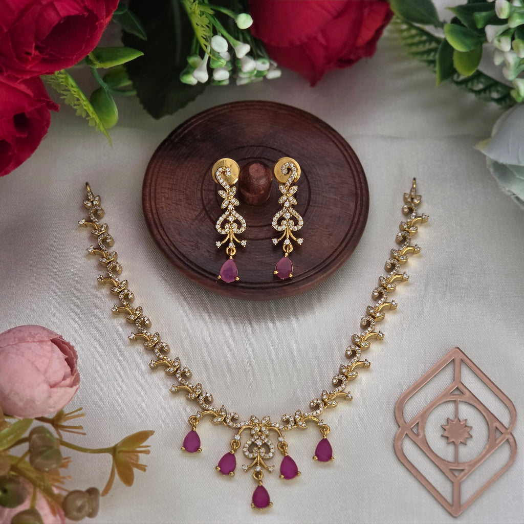 Short necklace, set with American Diamond stones and ruby, peacock motif. Ahankaraka AKSN38.