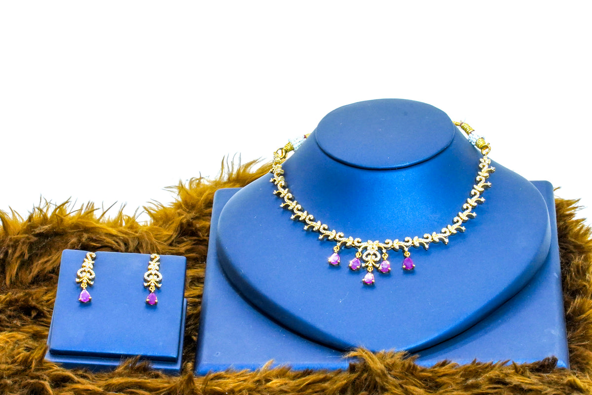 Short necklace, set with American Diamond stones and ruby, peacock motif. Ahankaraka AKSN38.