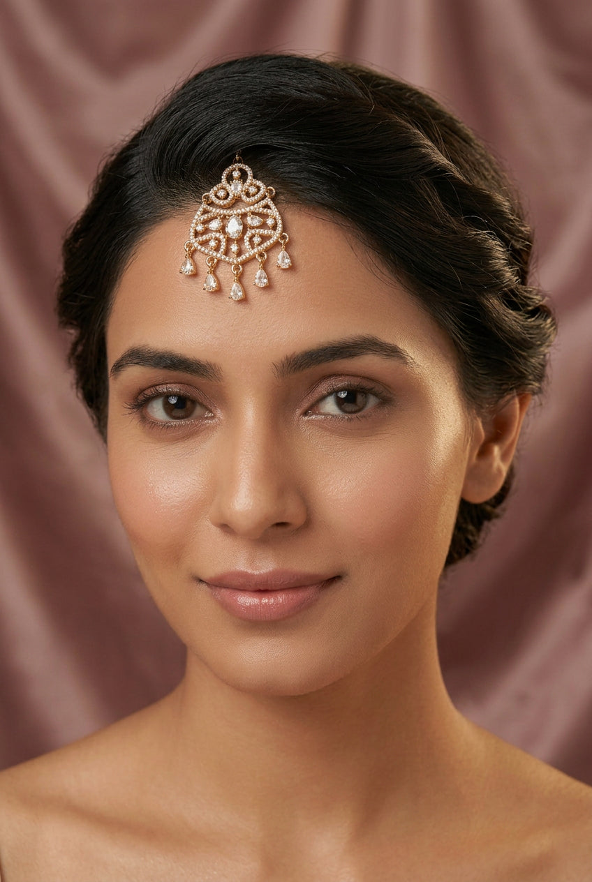 Maang tikka, set with American Diamond stones and white stones. Ahankaraka AKMT26.