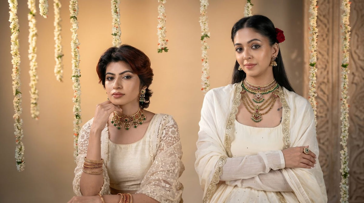 Two women in temple necklaces and bangles, before a wall of jasmine strings.