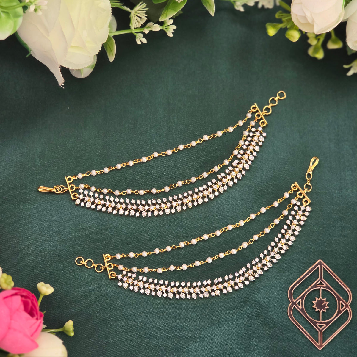 Ear chains, set with American Diamond stones and pearls. Ahankaraka AKECH27.