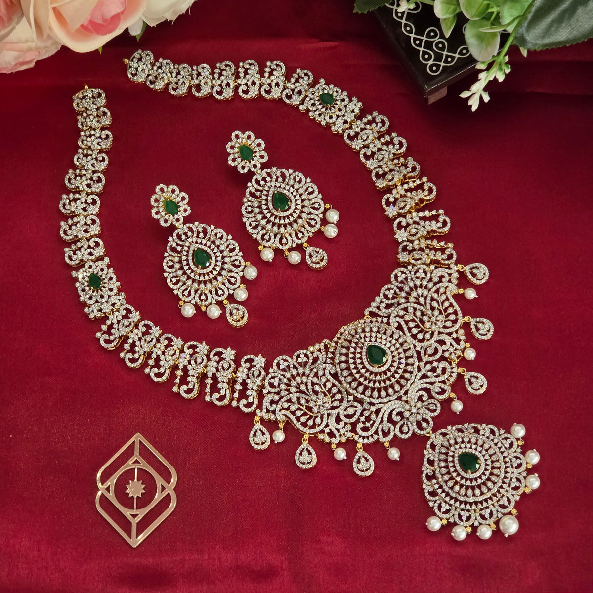 Long necklace, set with American diamond stones and emerald-toned stones. Ahankaraka AKLN24