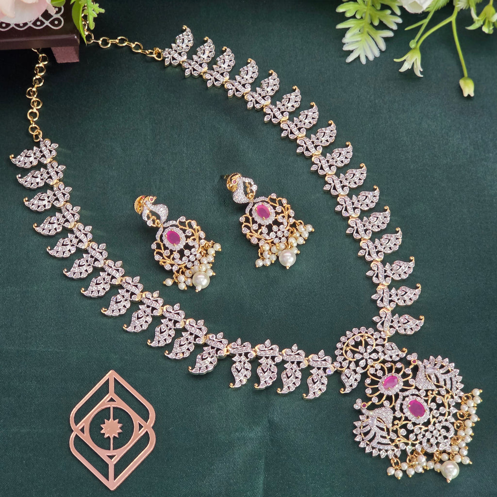 Long necklace, set with American Diamond stones, mango motif. Ahankaraka AKLN16.