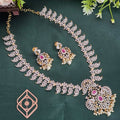 Long necklace, set with American Diamond stones, mango motif. Ahankaraka AKLN16.