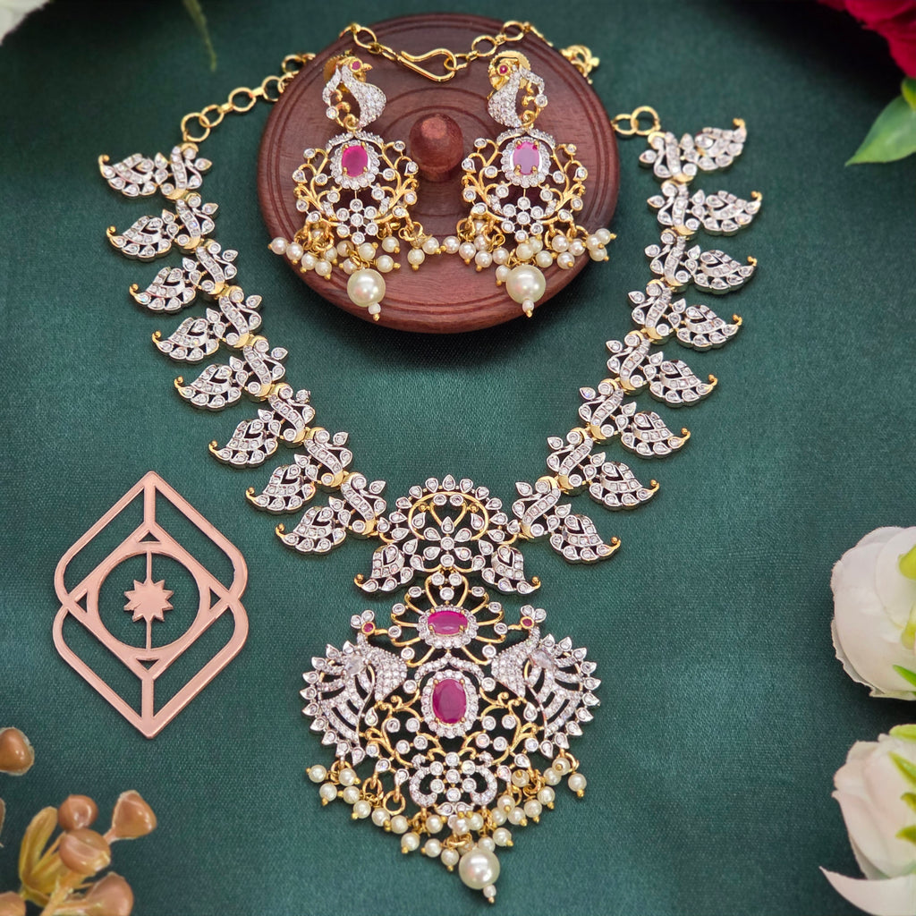 Short necklace, set with American Diamond stones, mango motif. Ahankaraka AKSN53.