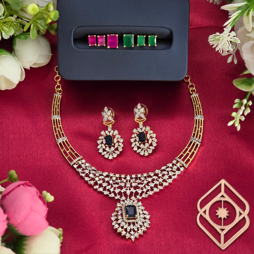 Short necklace, interchangeable set with American Diamond stones, floral motif. Ahankaraka AKSN14.