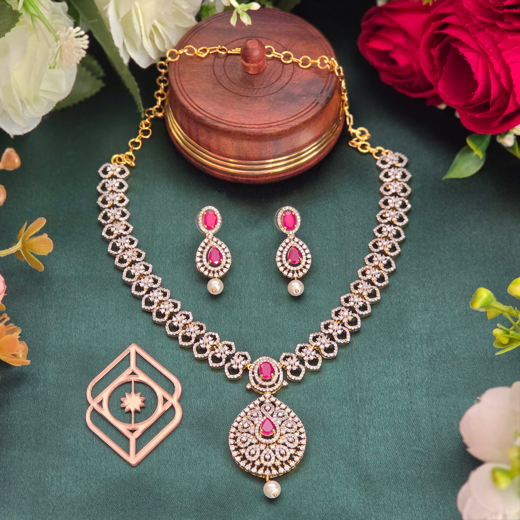 Short necklace, set with American Diamond stones and ruby, floral motif. Ahankaraka AKSN23.