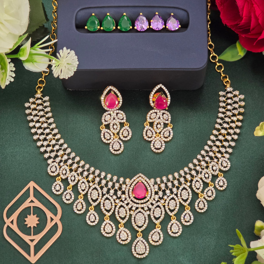 Short necklace, interchangeable set with American Diamond stones. Ahankaraka AKSN52.