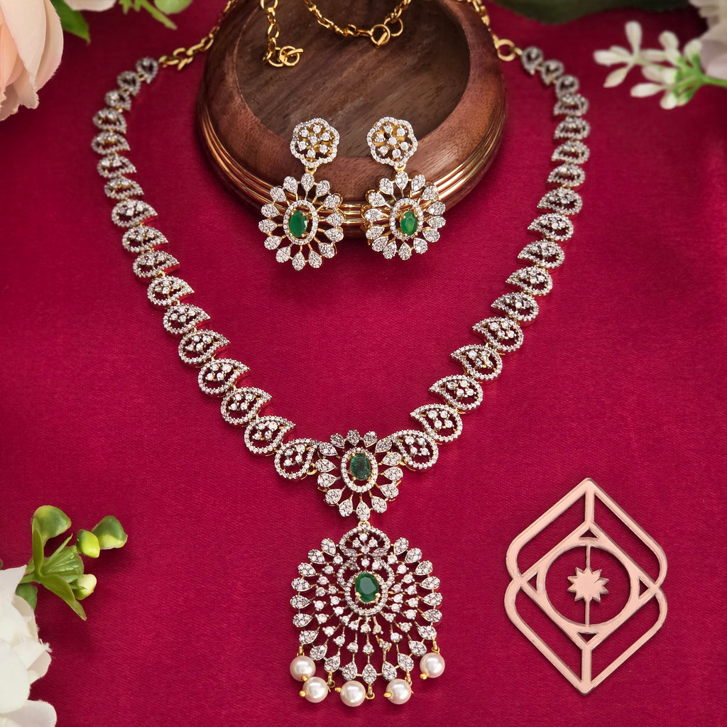 Short necklace, set with American Diamond stones and emerald, mango motif. Ahankaraka AKSN20.