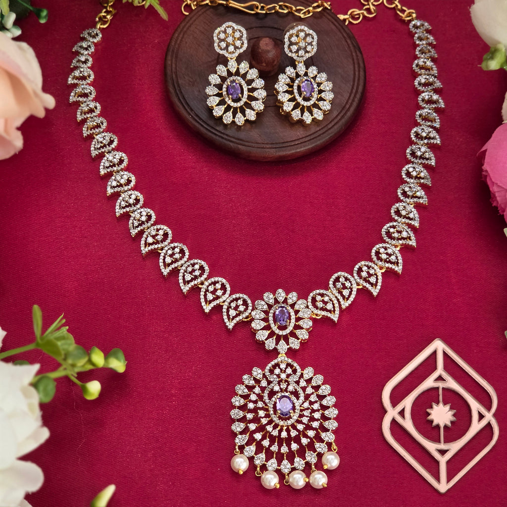 Short necklace, set with American Diamond stones, mango motif. Ahankaraka AKSN21.