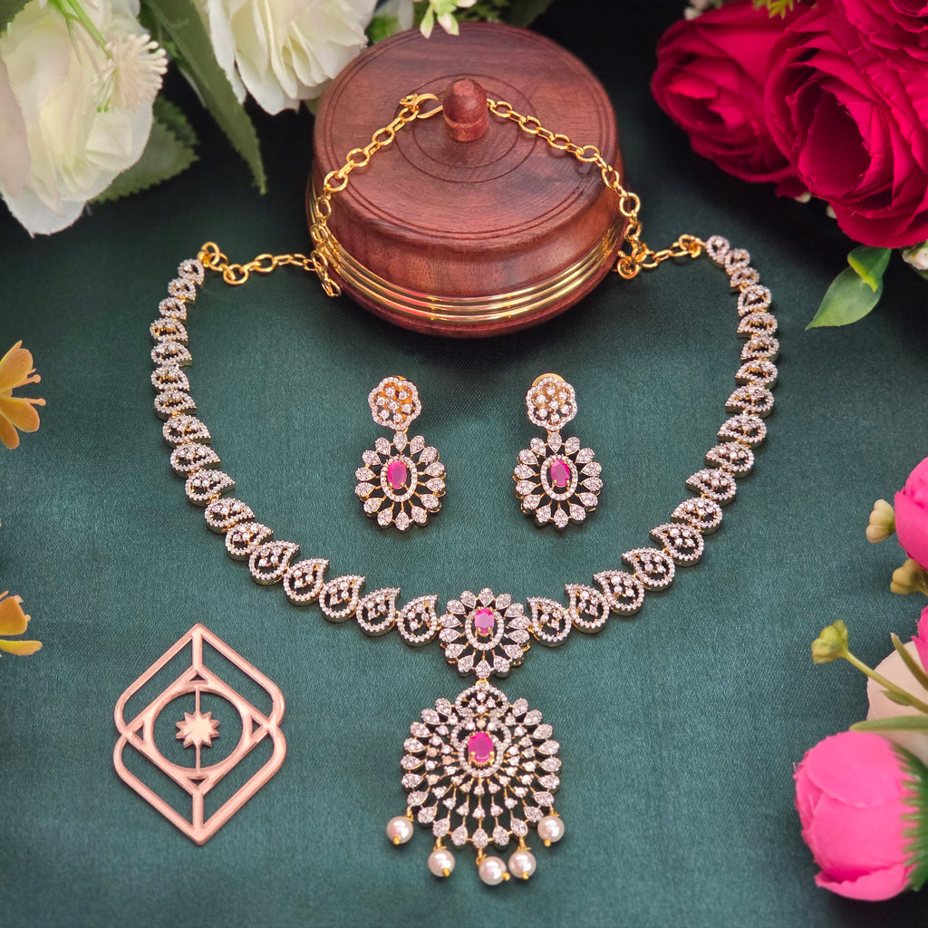 Short necklace, set with American Diamond stones and ruby, mango motif. Ahankaraka AKSN19.