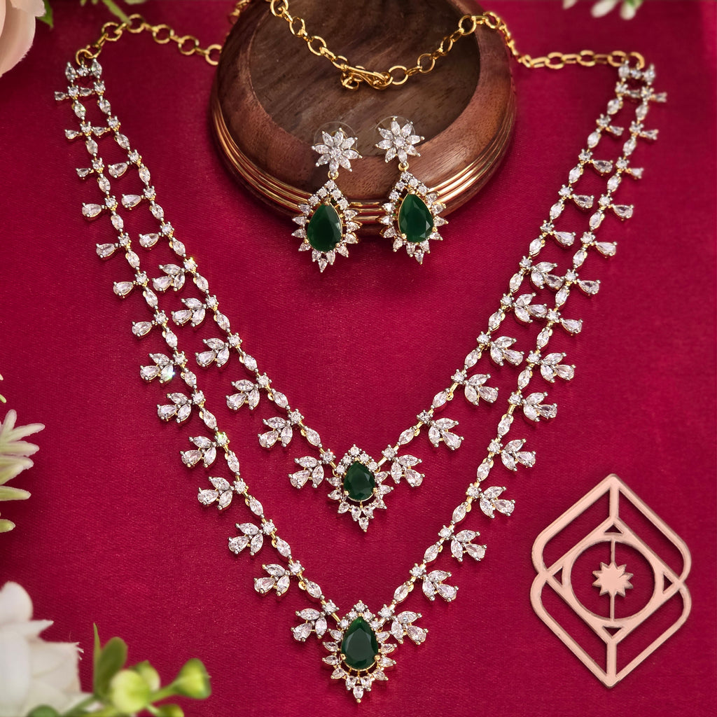 Short necklace, set with American Diamond stones and emerald. Ahankaraka AKSN16.