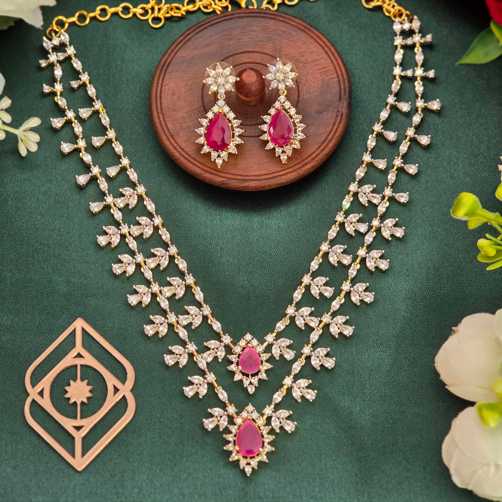 Short necklace, set with American Diamond stones and ruby. Ahankaraka AKSN17.