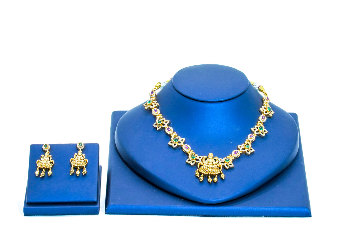 Short necklace, set with stones in several colours, Lakshmi motif. Ahankaraka AKSN28.