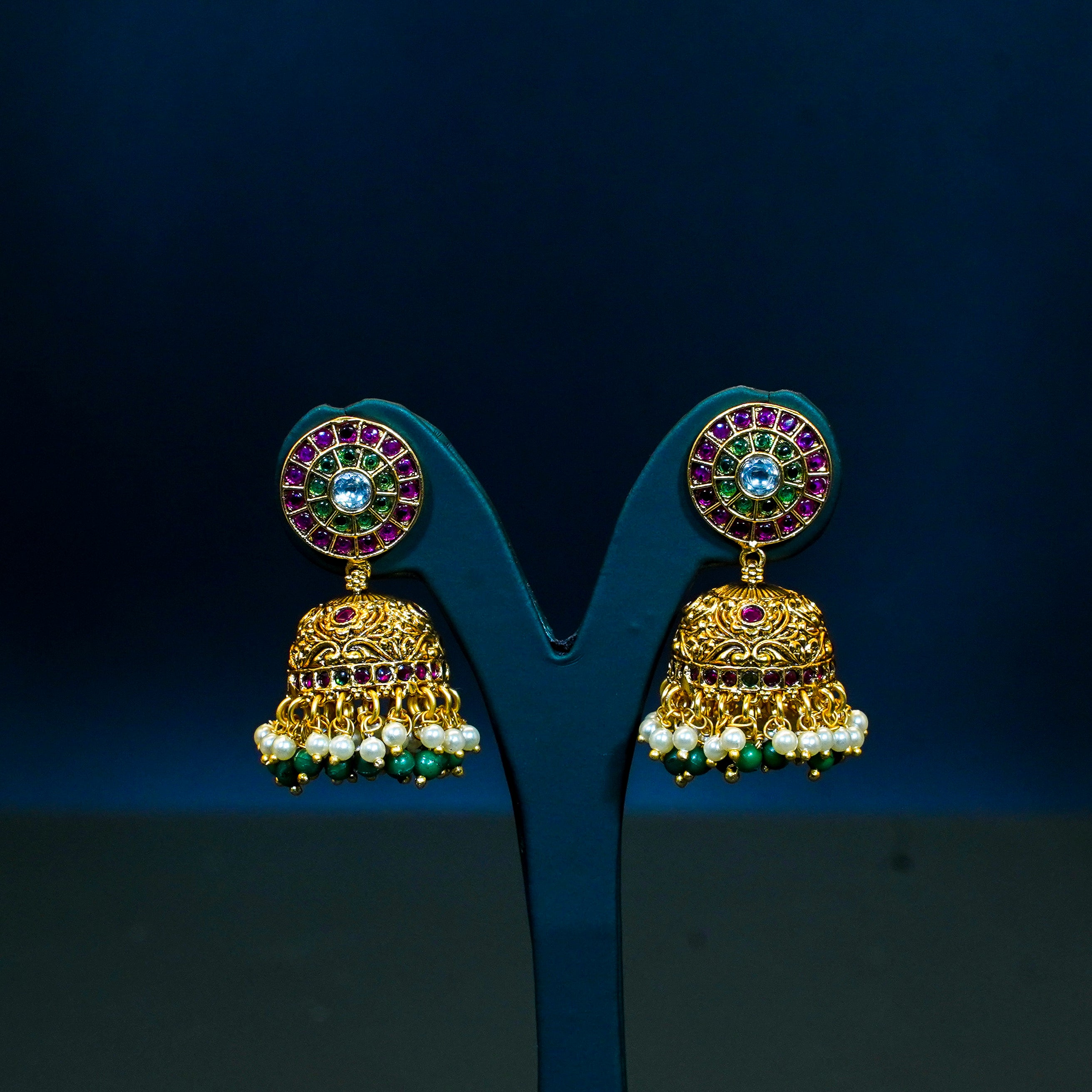 Radiant Kemp Jhumukas with Pearl and Green Beads