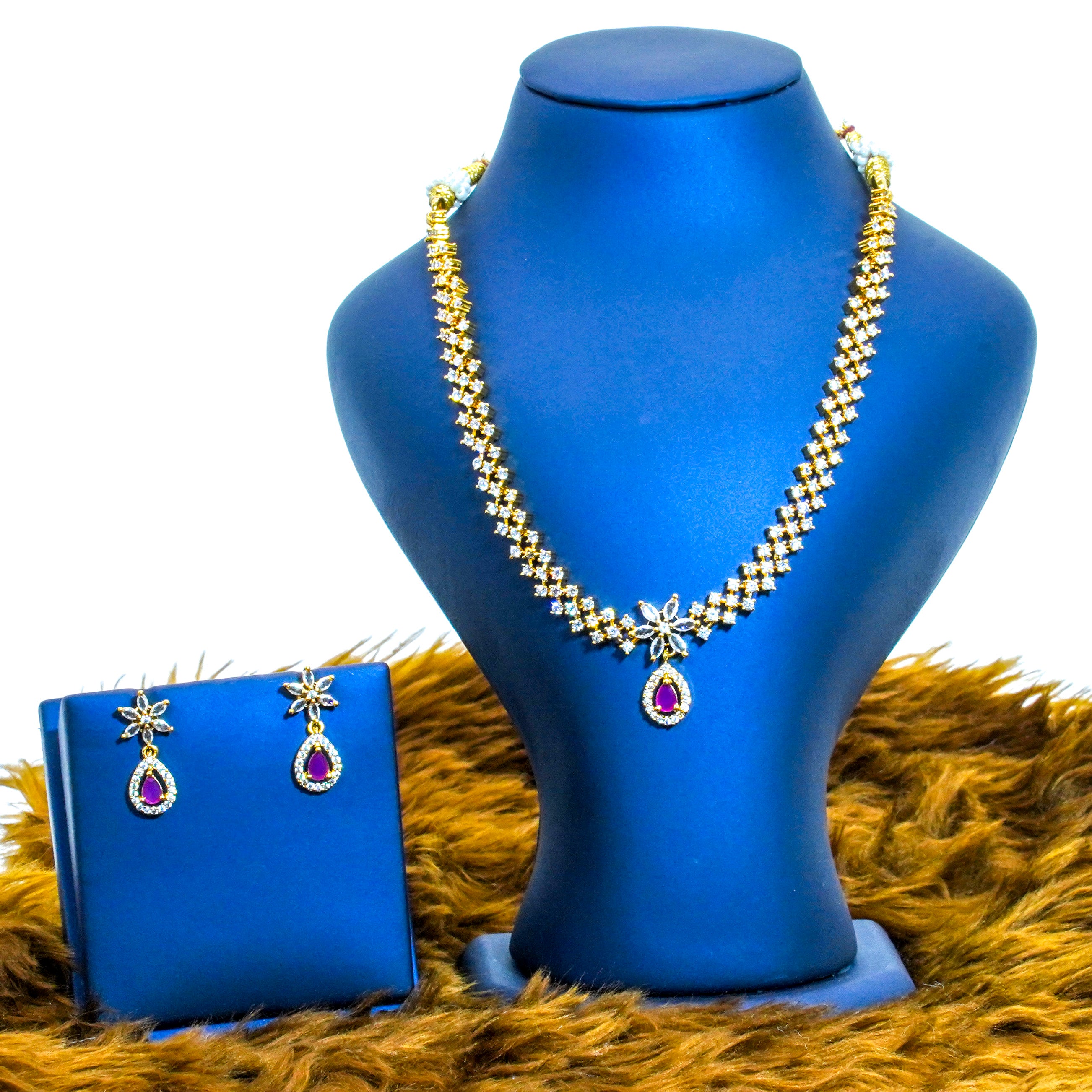 AD Floral Ruby Stones Short Necklace