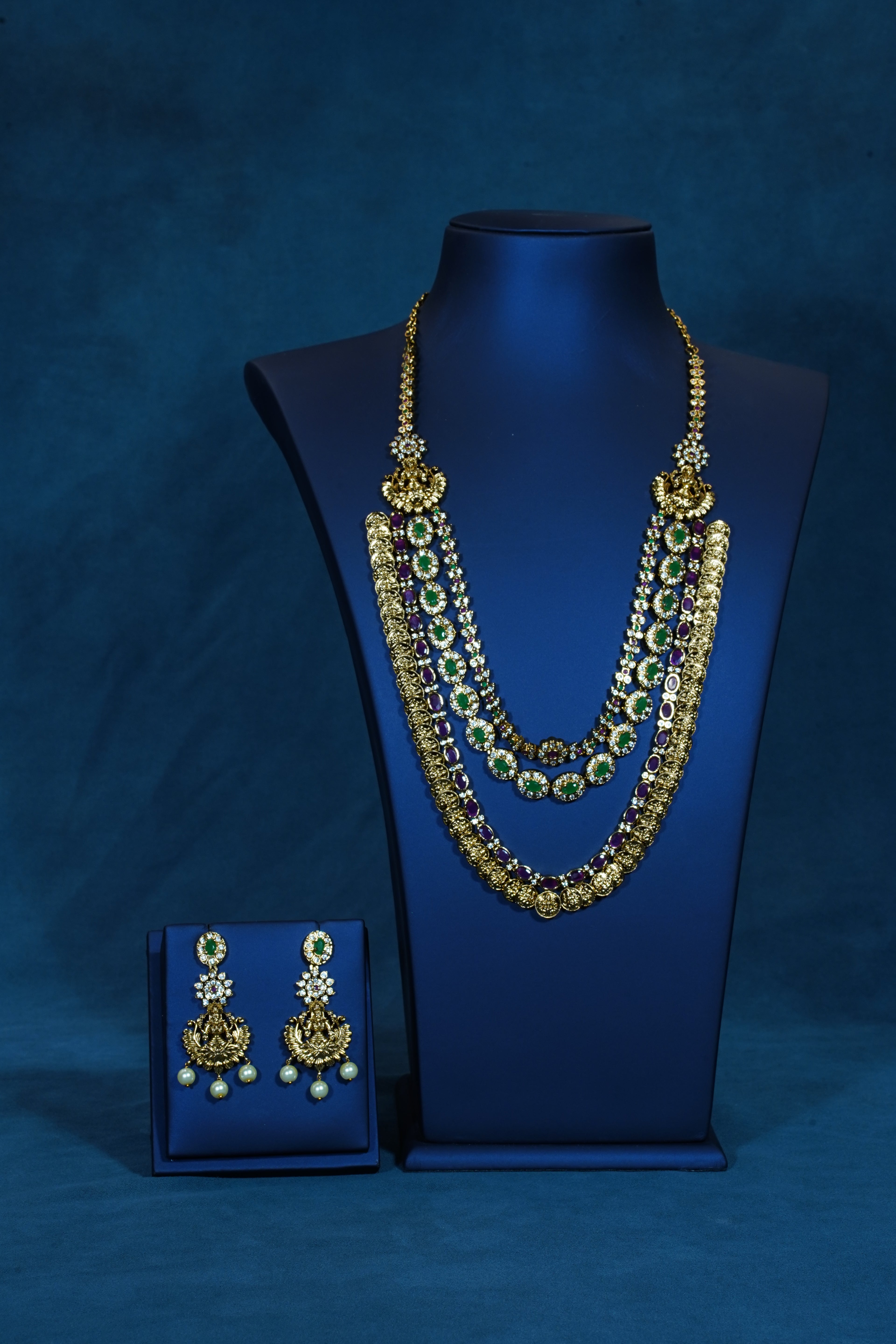 Lakshmi Coin Layered Long Necklace with Multi Stones