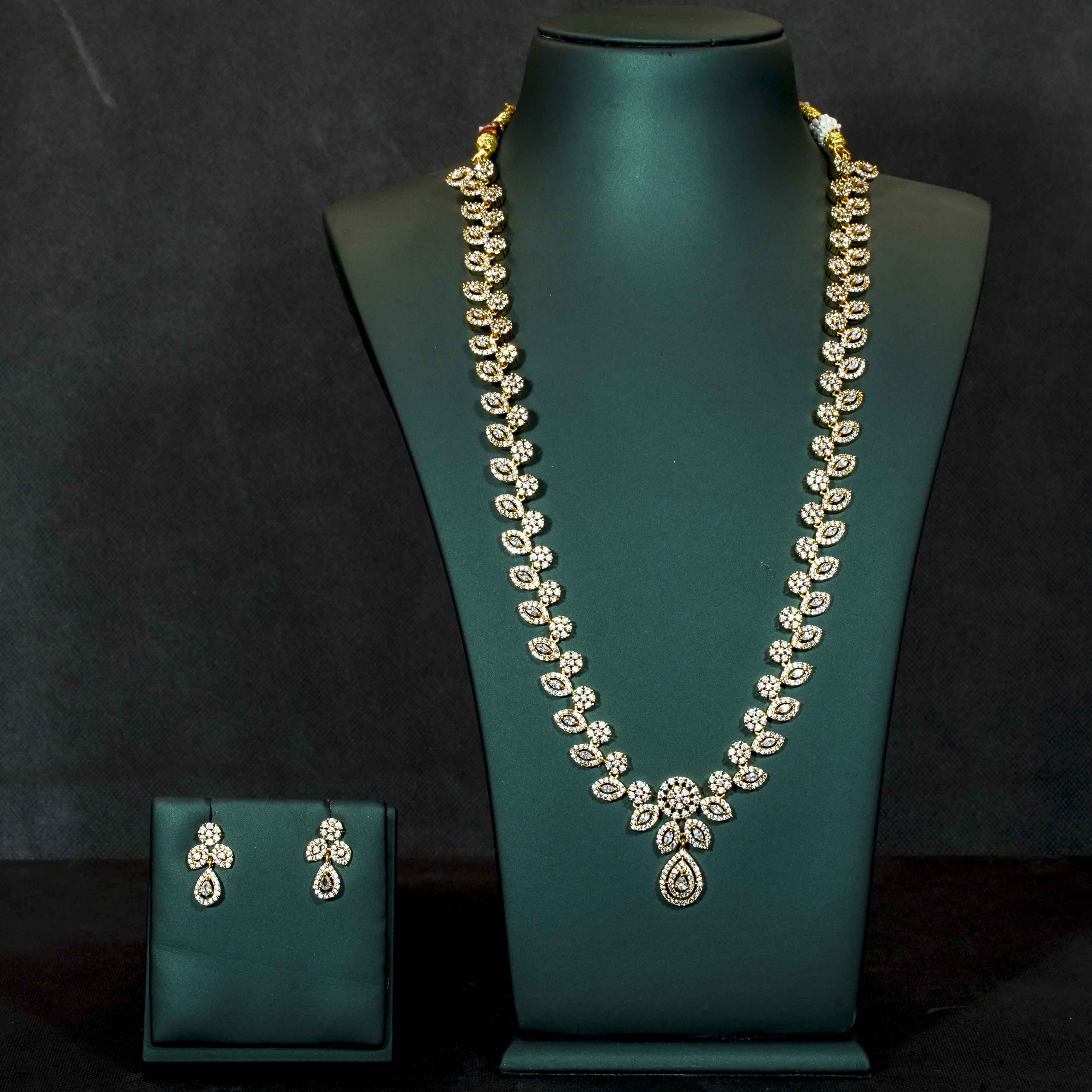 American Diamond Floral Leaf Design Mid Length Necklace