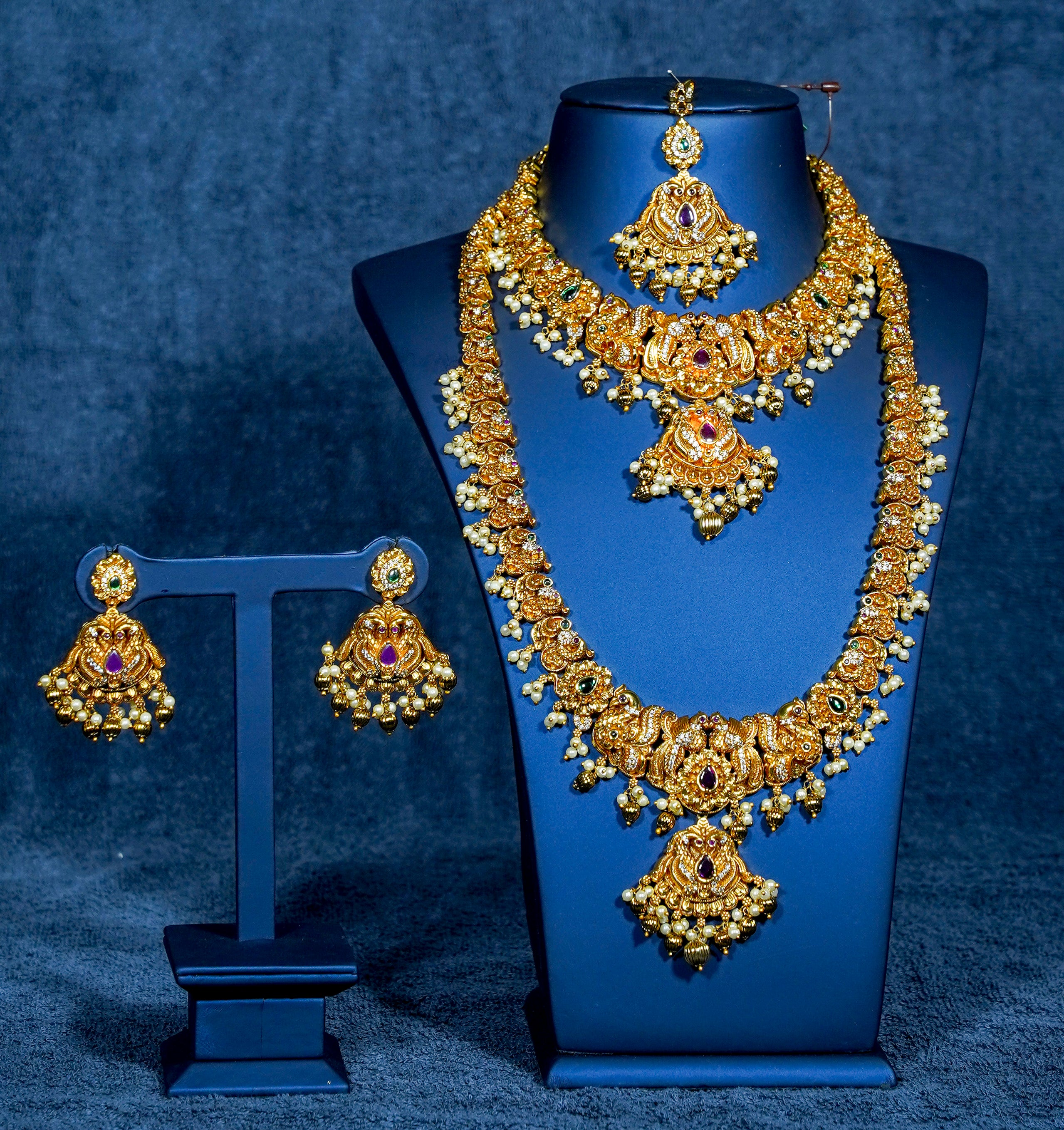 CZ Stones Peacock Floral Design Semi Bridal Set