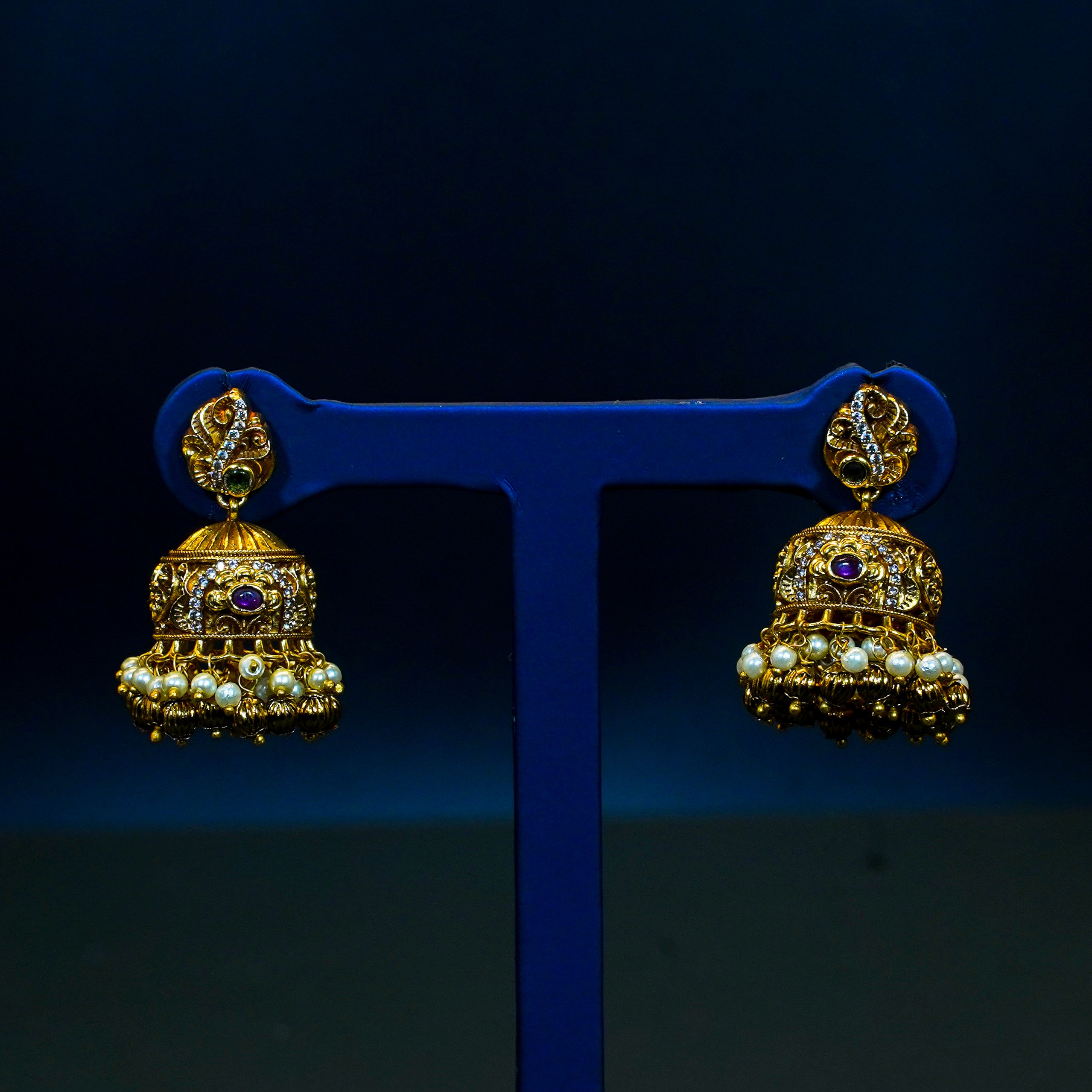 Radiant Peacock Jhumukas with Pearl and Gold Beads