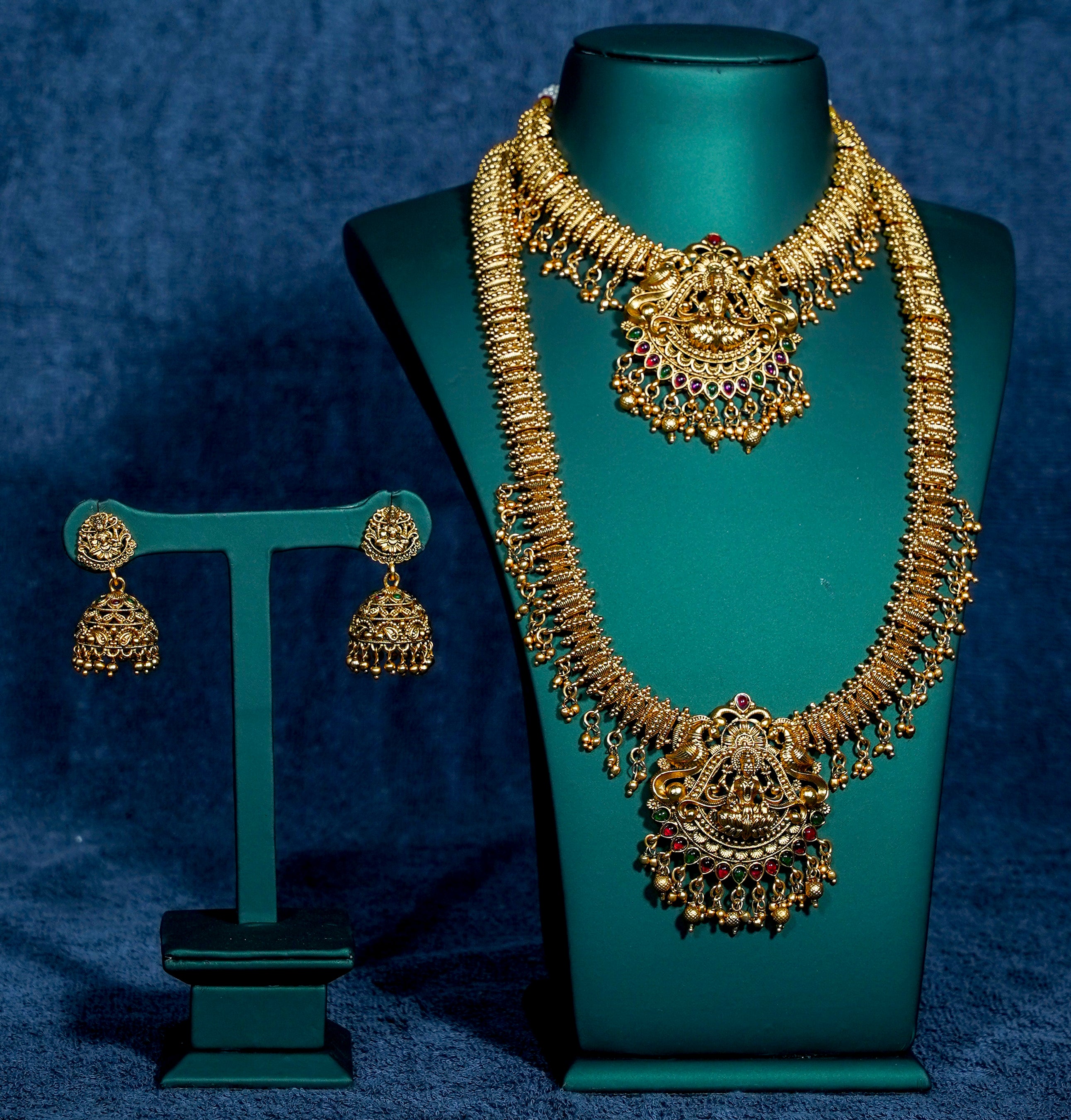 Lakshmi Peacock Design Semi Bridal Set with Multi Stones