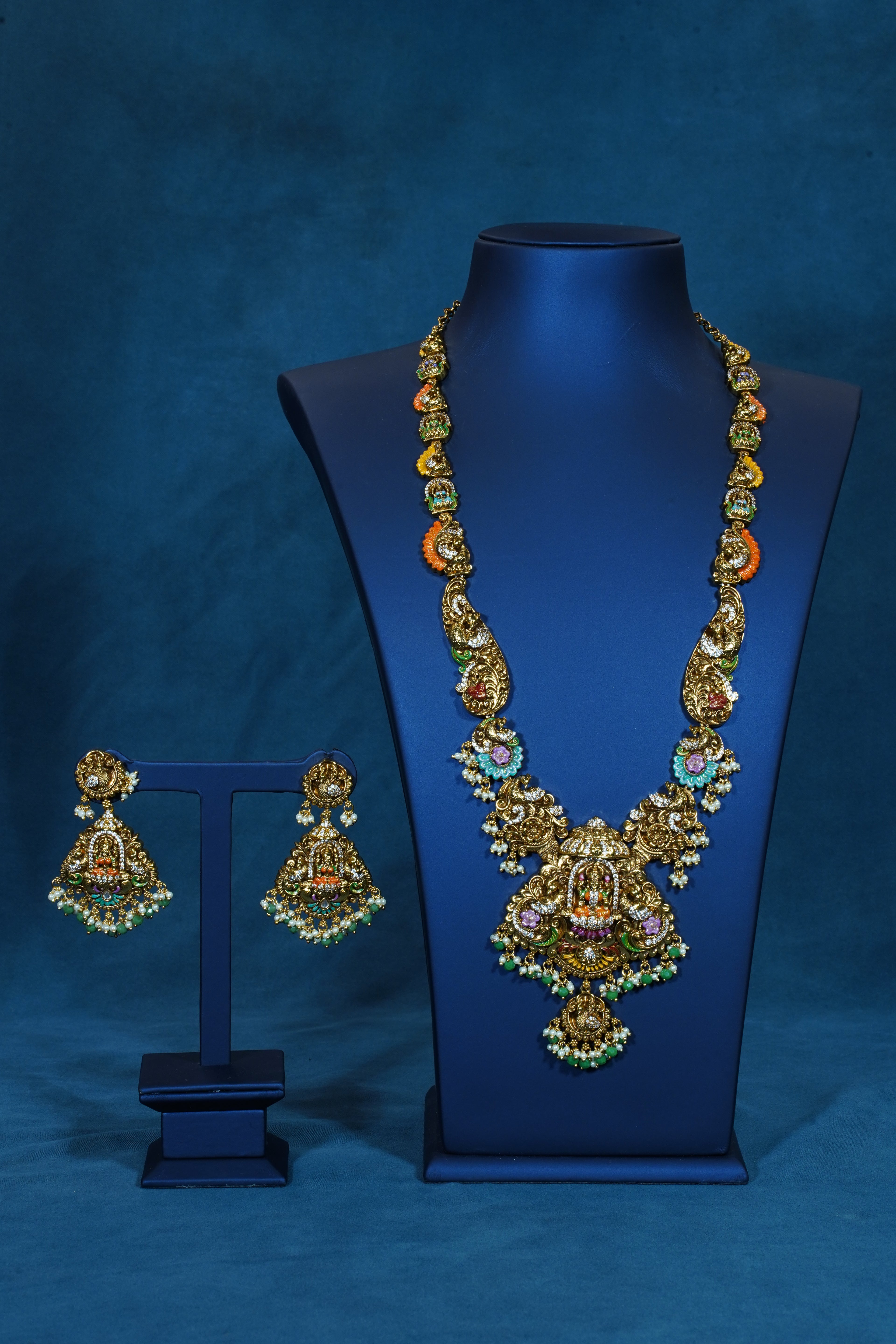 Stunning Enamel Painted Lakshmi Peacock Long Necklace