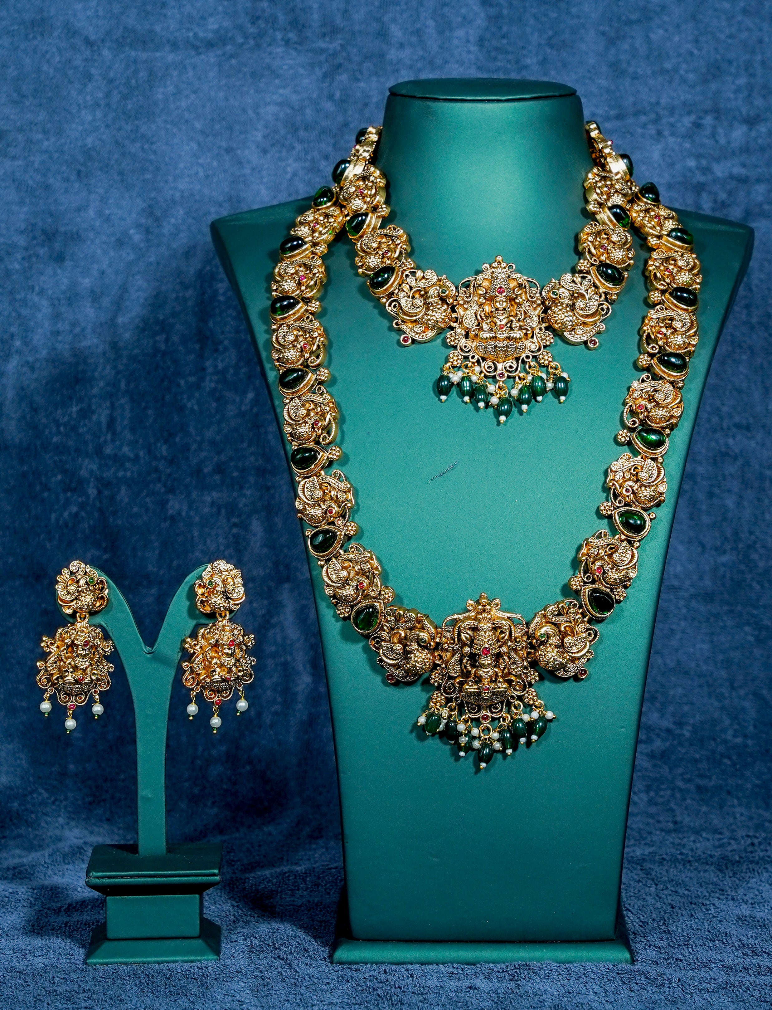 Elegant Lakshmi Peacock Emerald Stones Semi Bridal Set