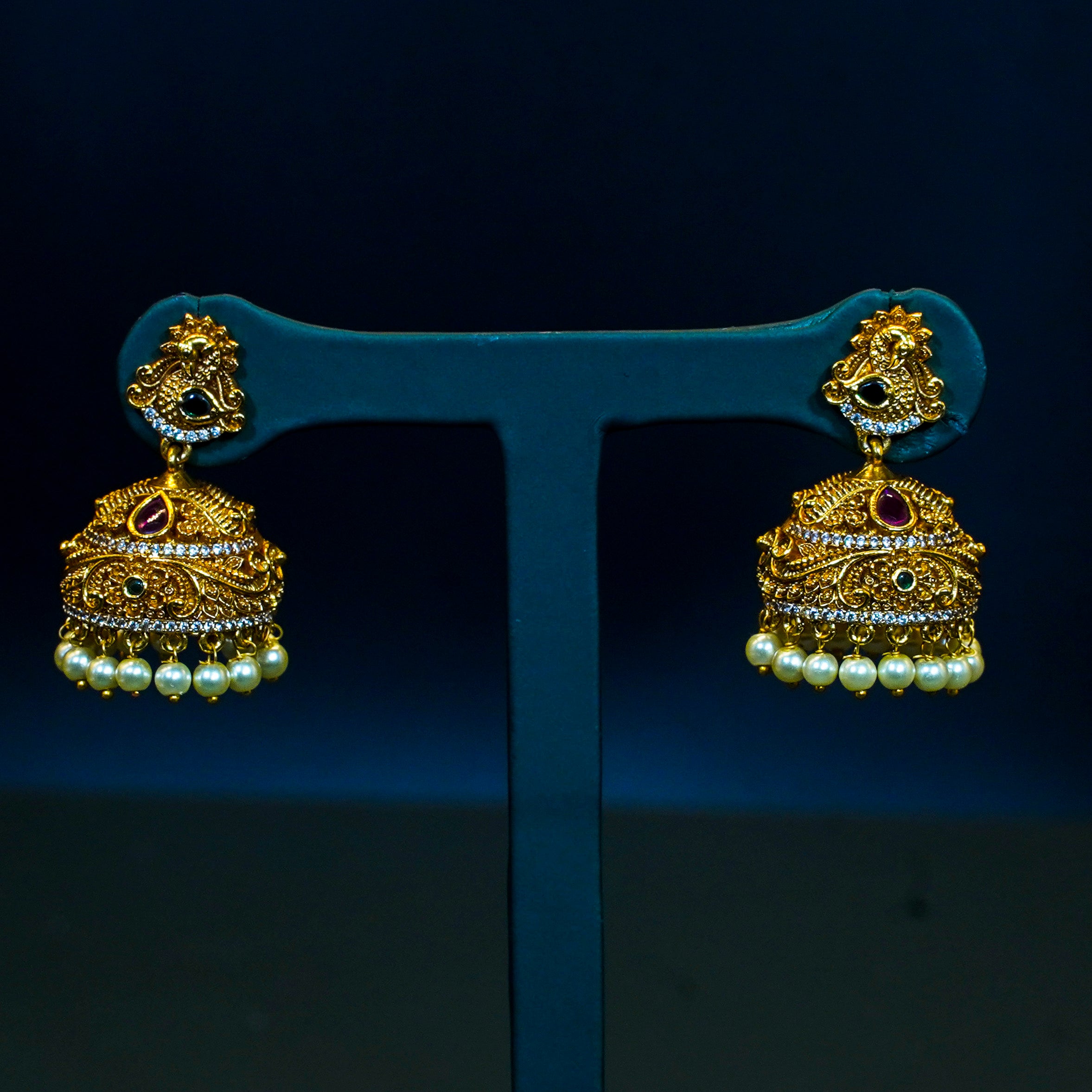 Gold Alike Peacock Jhumukas with Pearl Beads