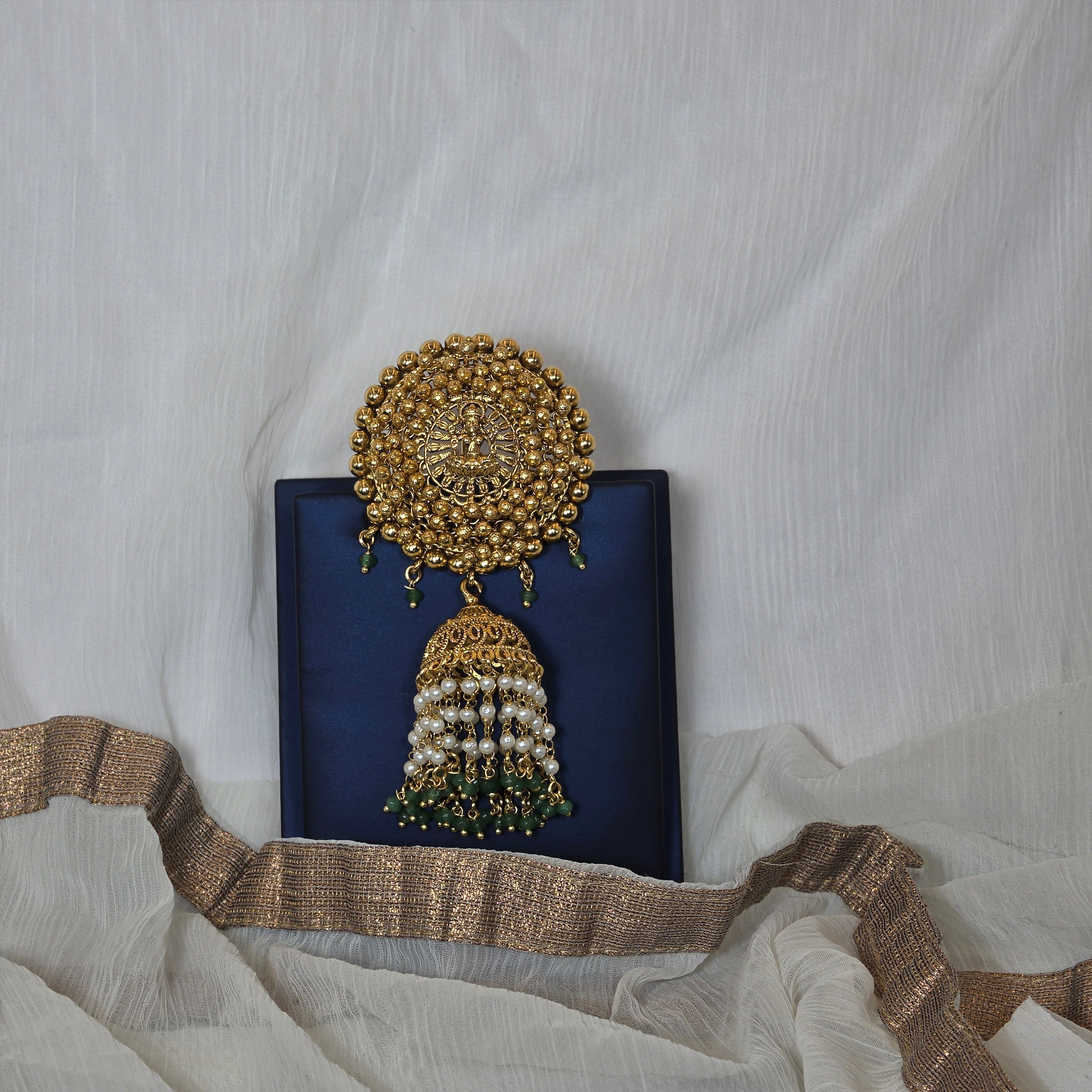 Radiant Gold Alike Lakshmi Hair Pin with Mint Green Beads