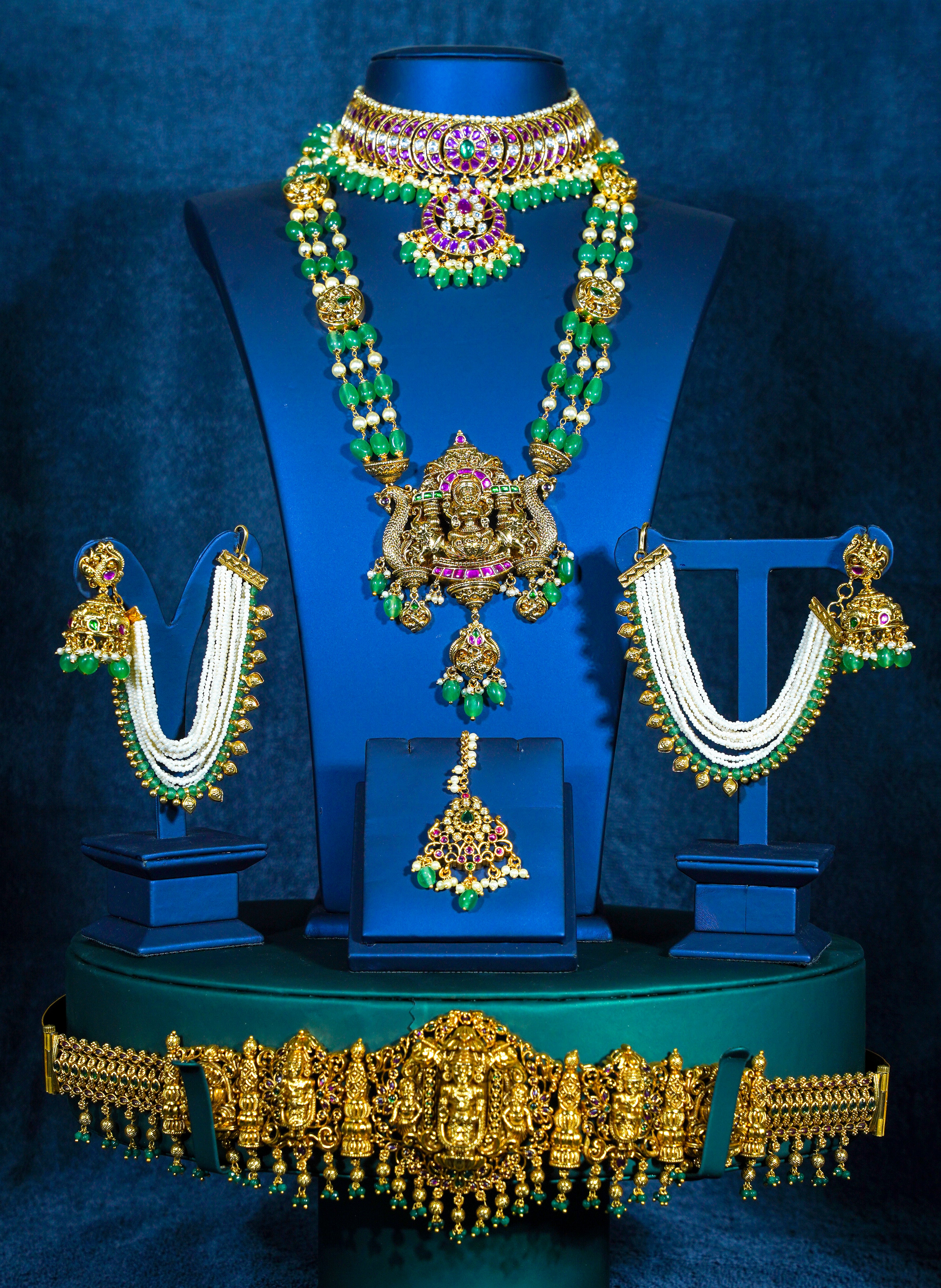 Stunning Jadau Green Beaded Temple Bridal Set