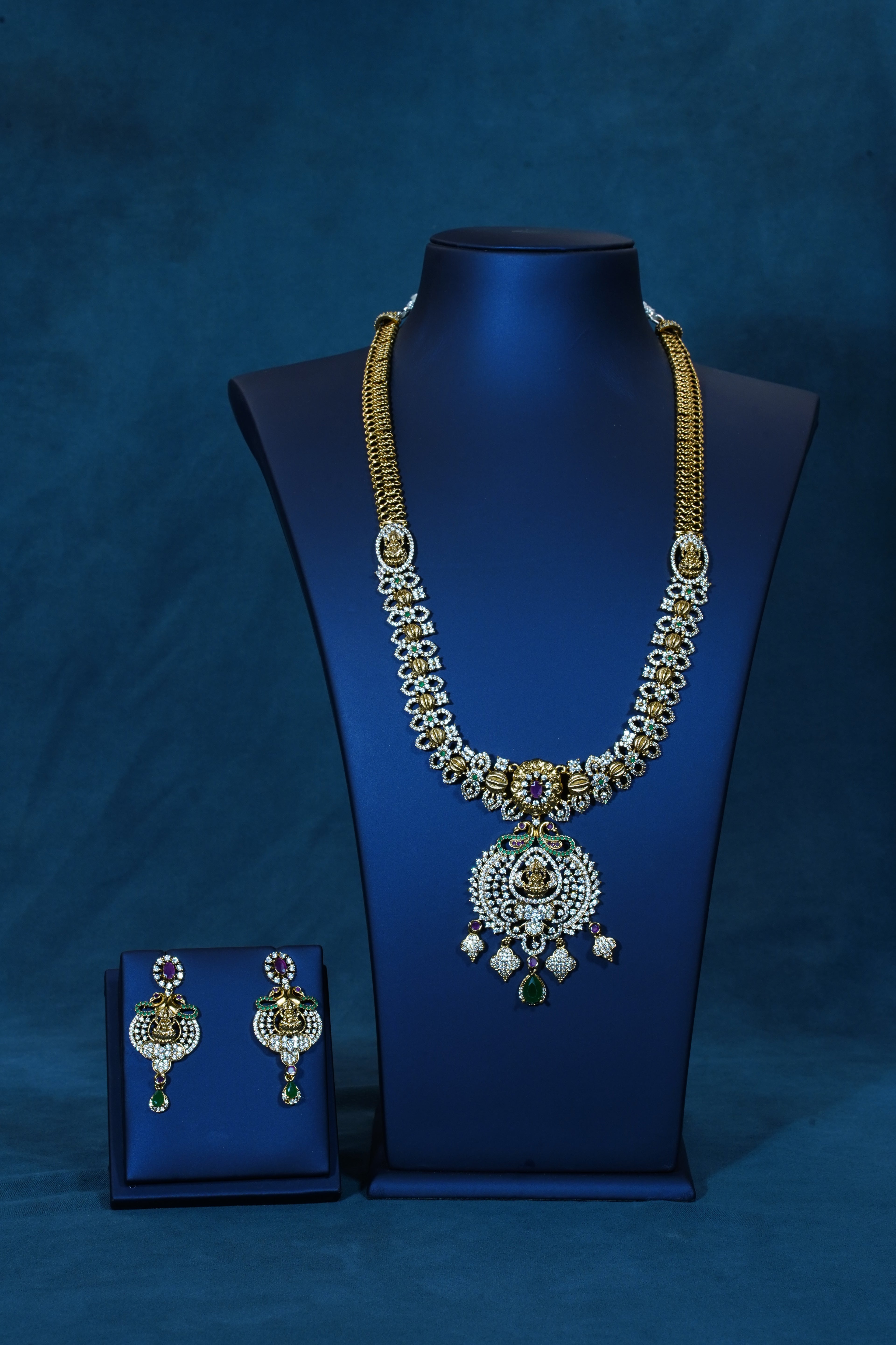 Floral Lakshmi Peacock Long Necklace with CZ Stones