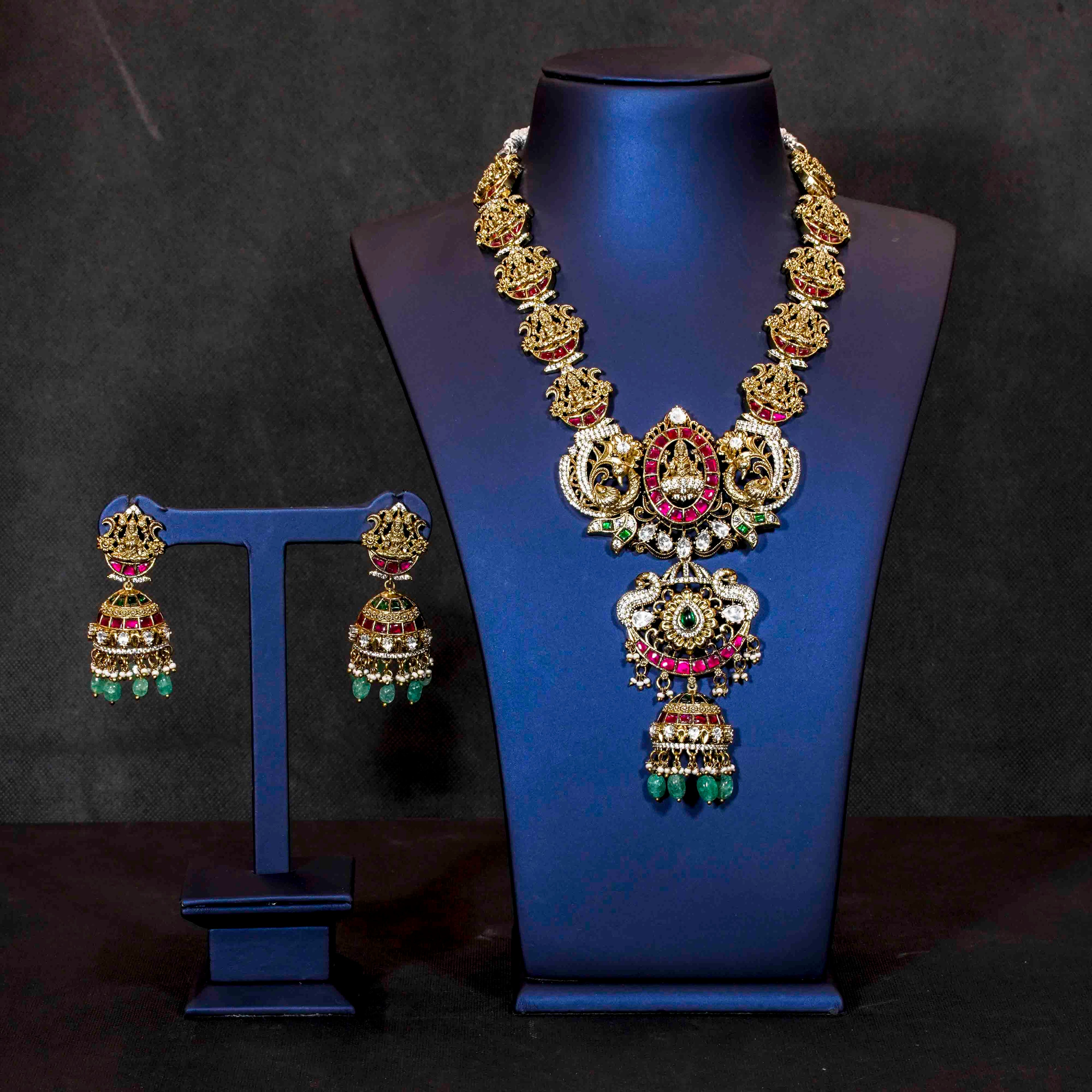 Jadau Stones Floral Lakshmi Pecock Mid Length Necklace