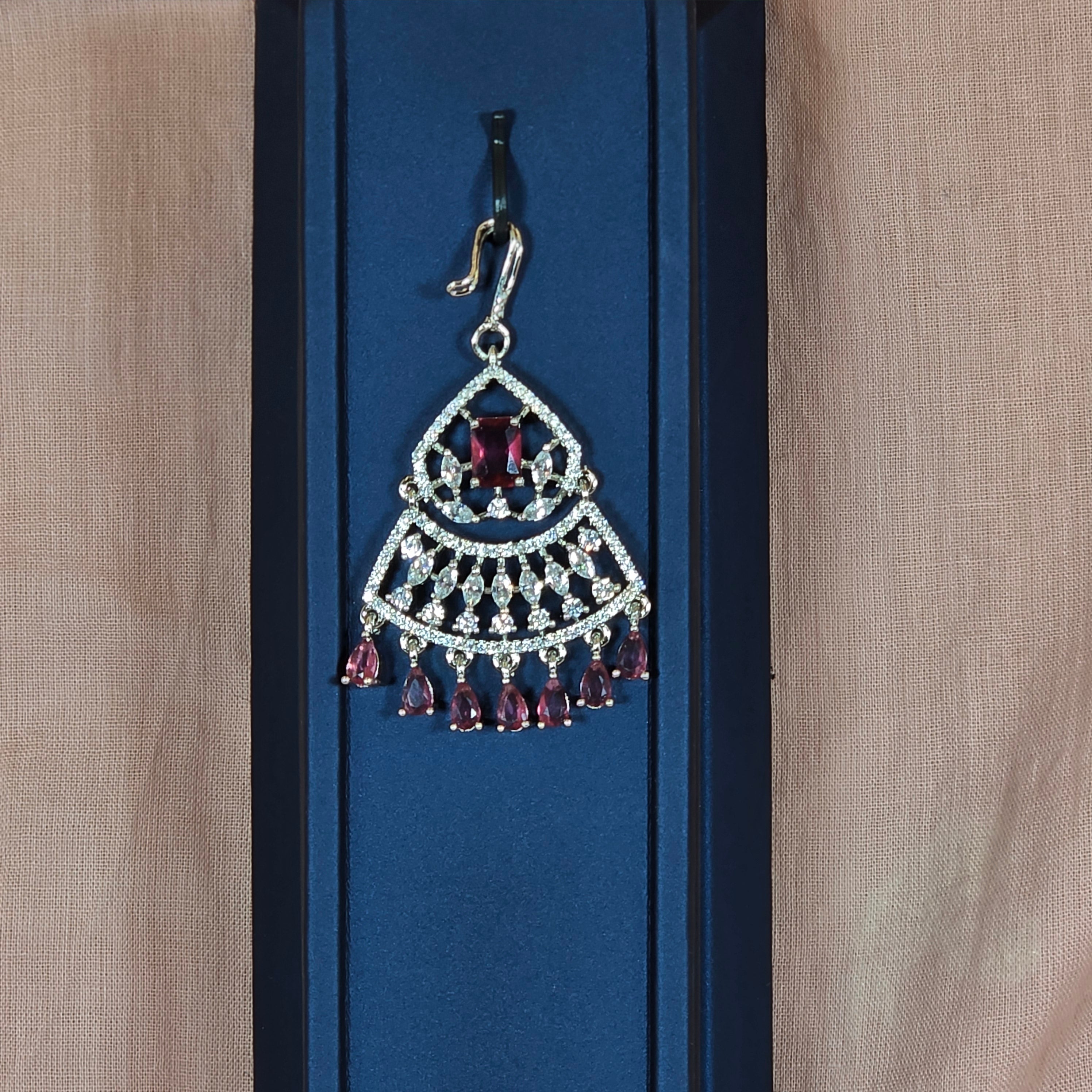 Silver Polish AD Stones Ruby Maangtikka