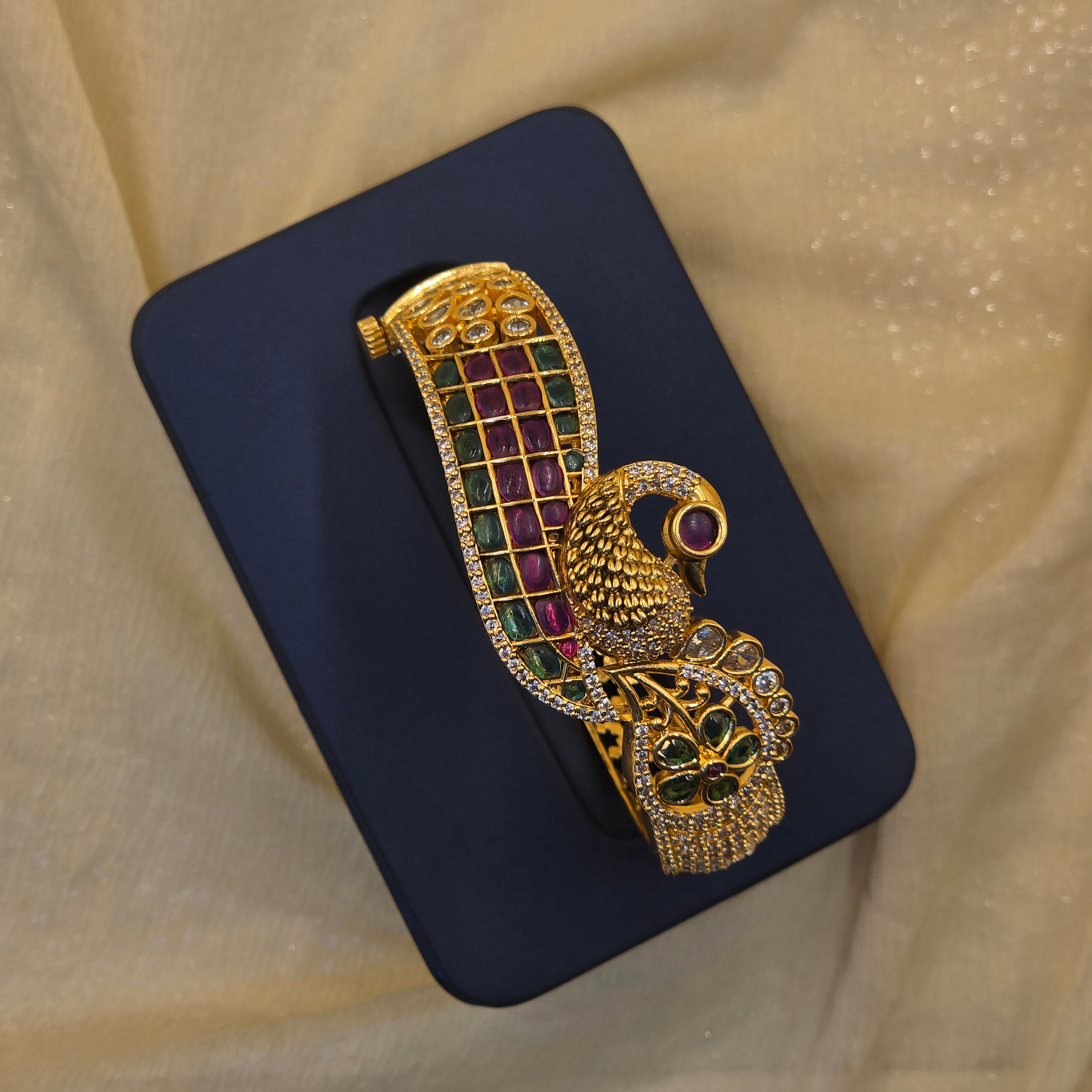 Exquisite Peacock Design Multi Stones Single Kada / Bracelet
