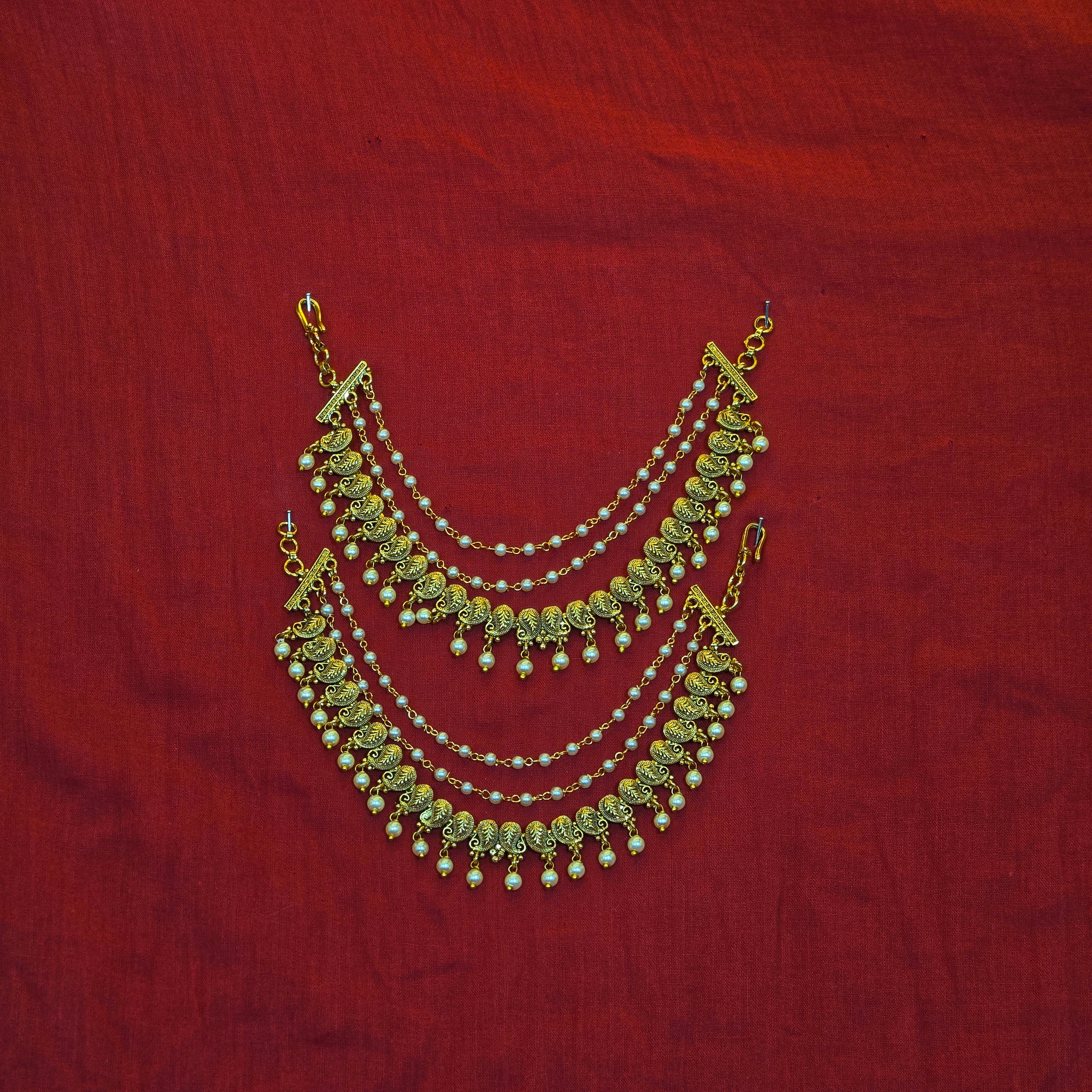 Exquisite Gold Alike Mango Design Earchains / Mattal with Pearls