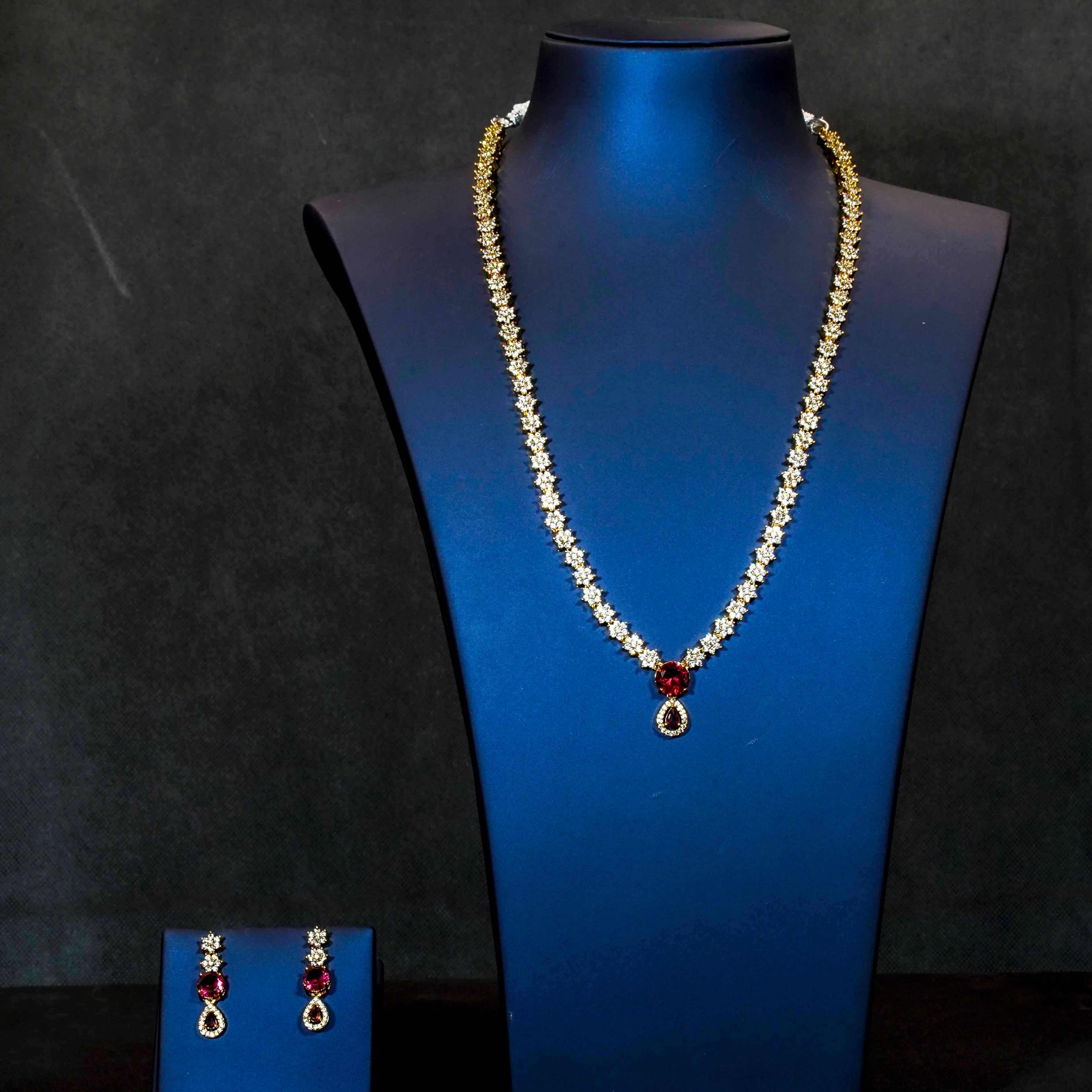 American Diamond Ruby Floral Design Mid Length Necklace