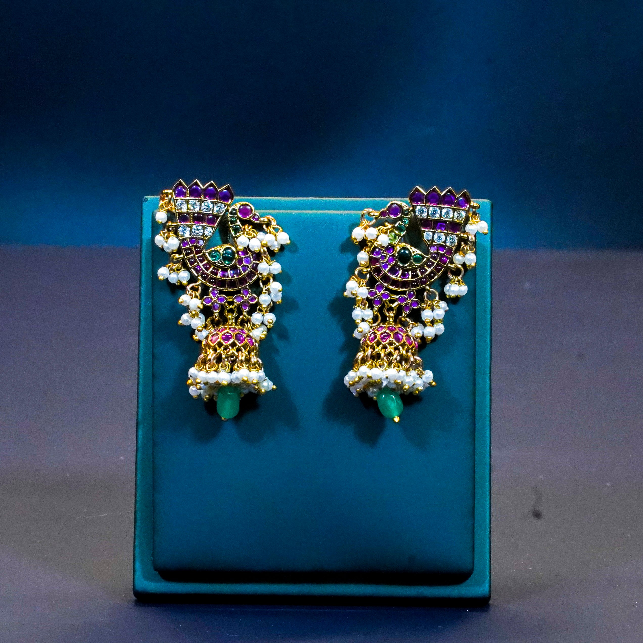 Kemp Peacock Design Jhumukas with Pearl and Mint Beads