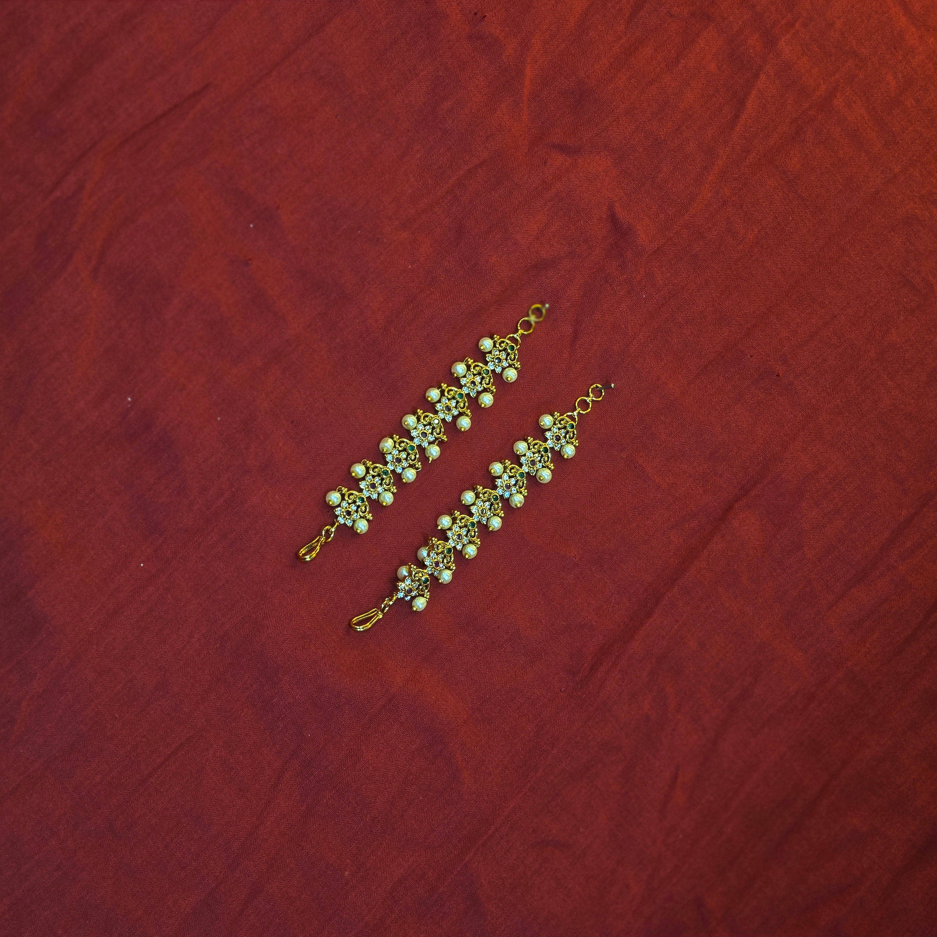 Flower design Straight Earchains / Mattal with Stones