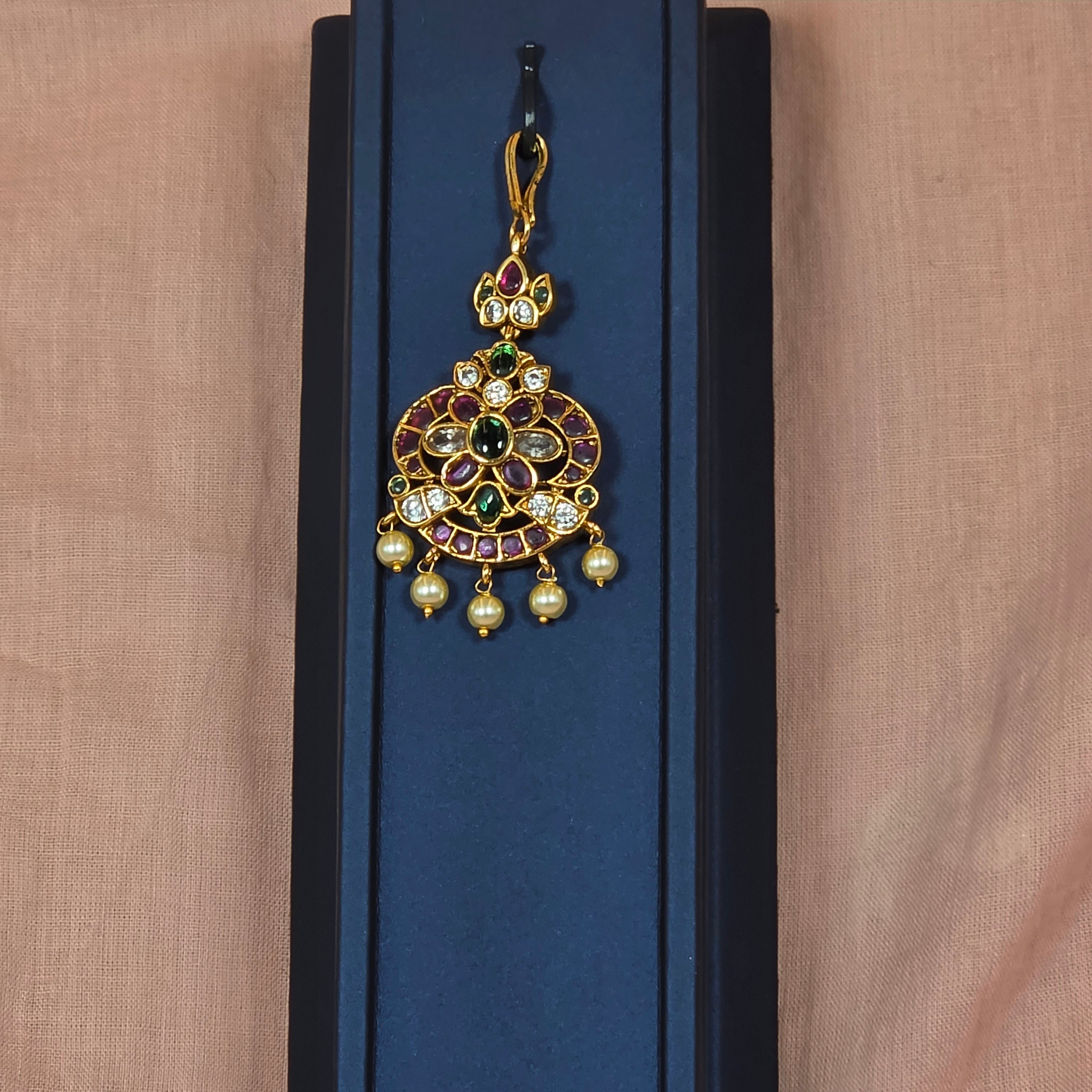 Kemp Peacock Floral Design Maangtikka with Pearl Beads