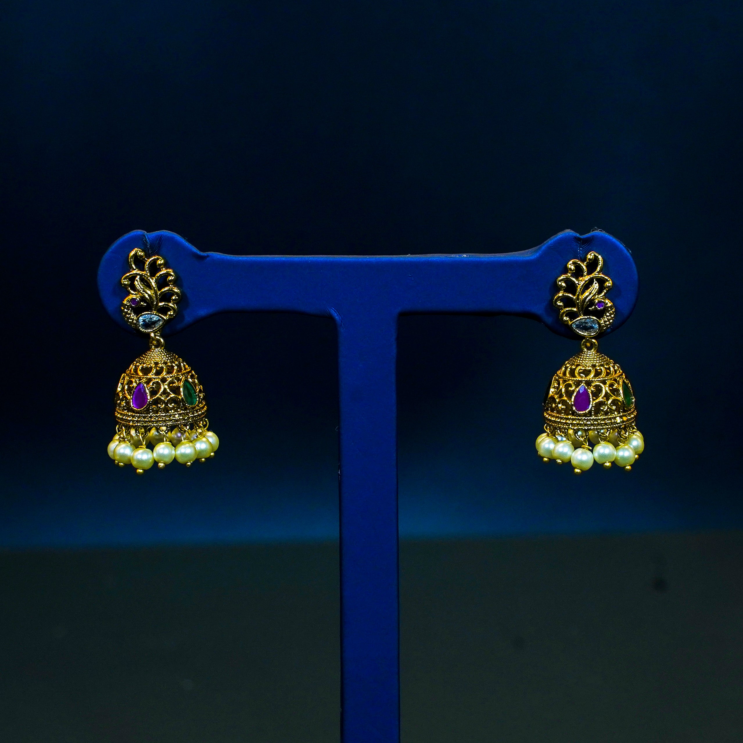 Gold Alike Peacock Jhumukas with Pearls