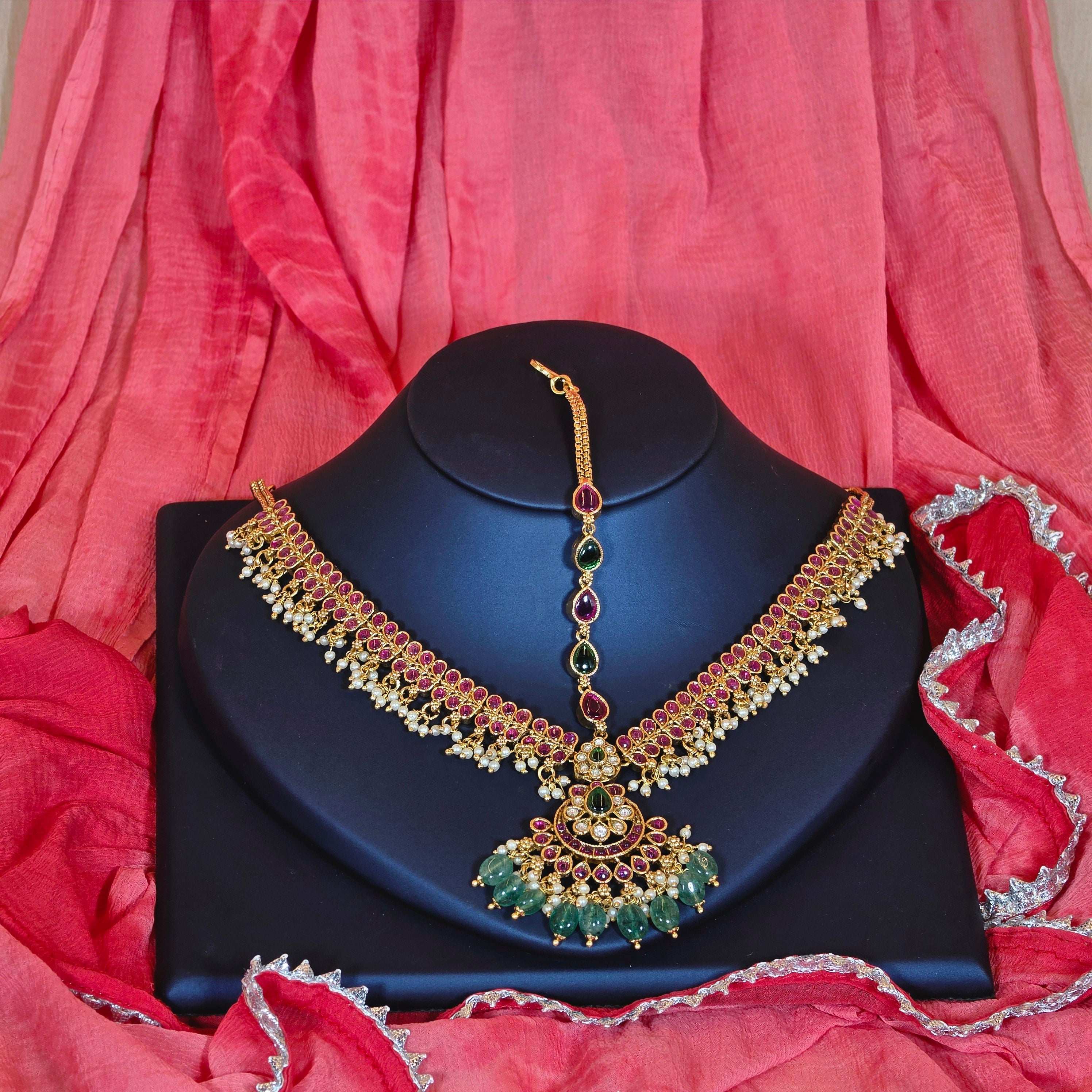 Kemp Floral Three Side Bridal Maangtikka with Green Beads