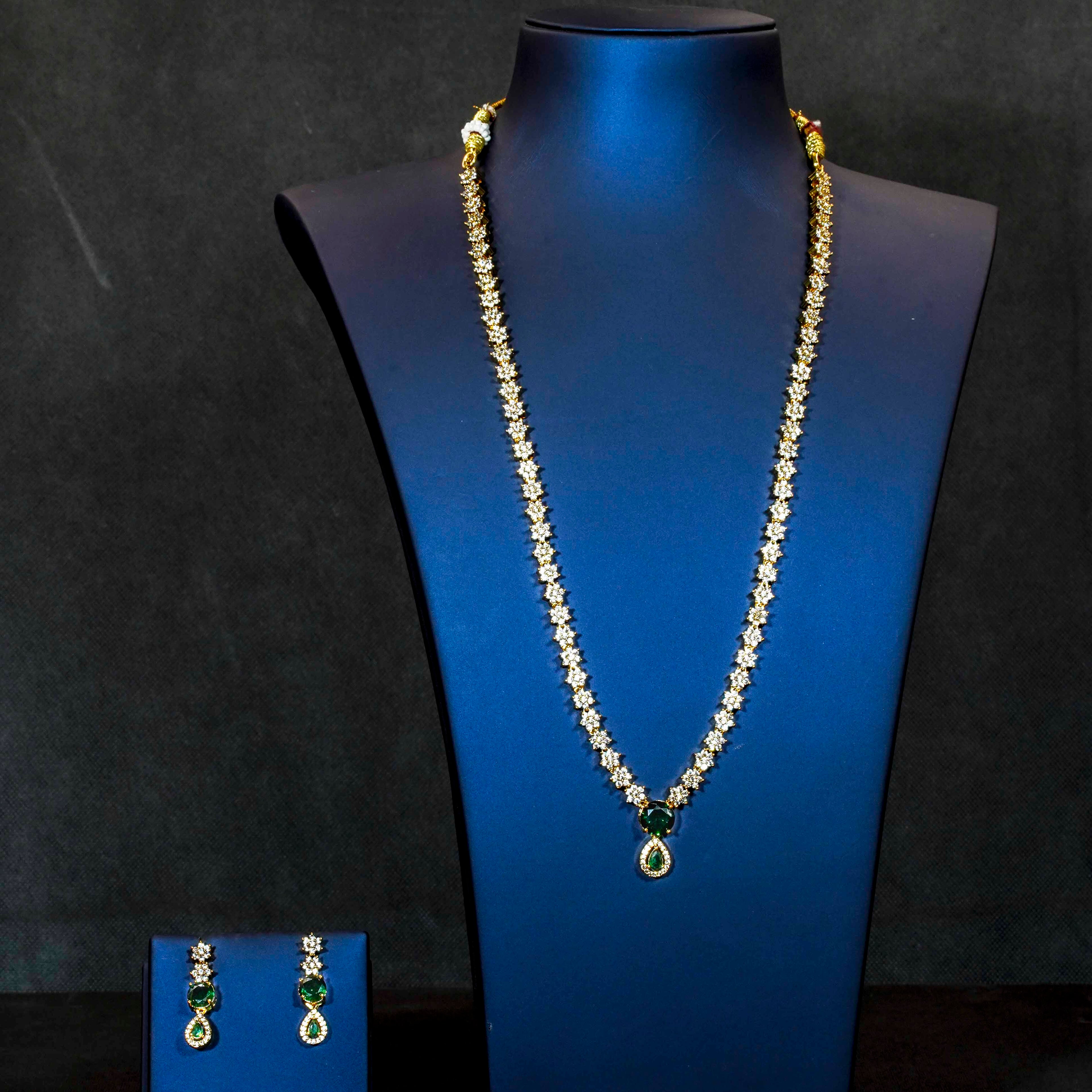 American Diamond Emerald Floral Design Mid Length Necklace