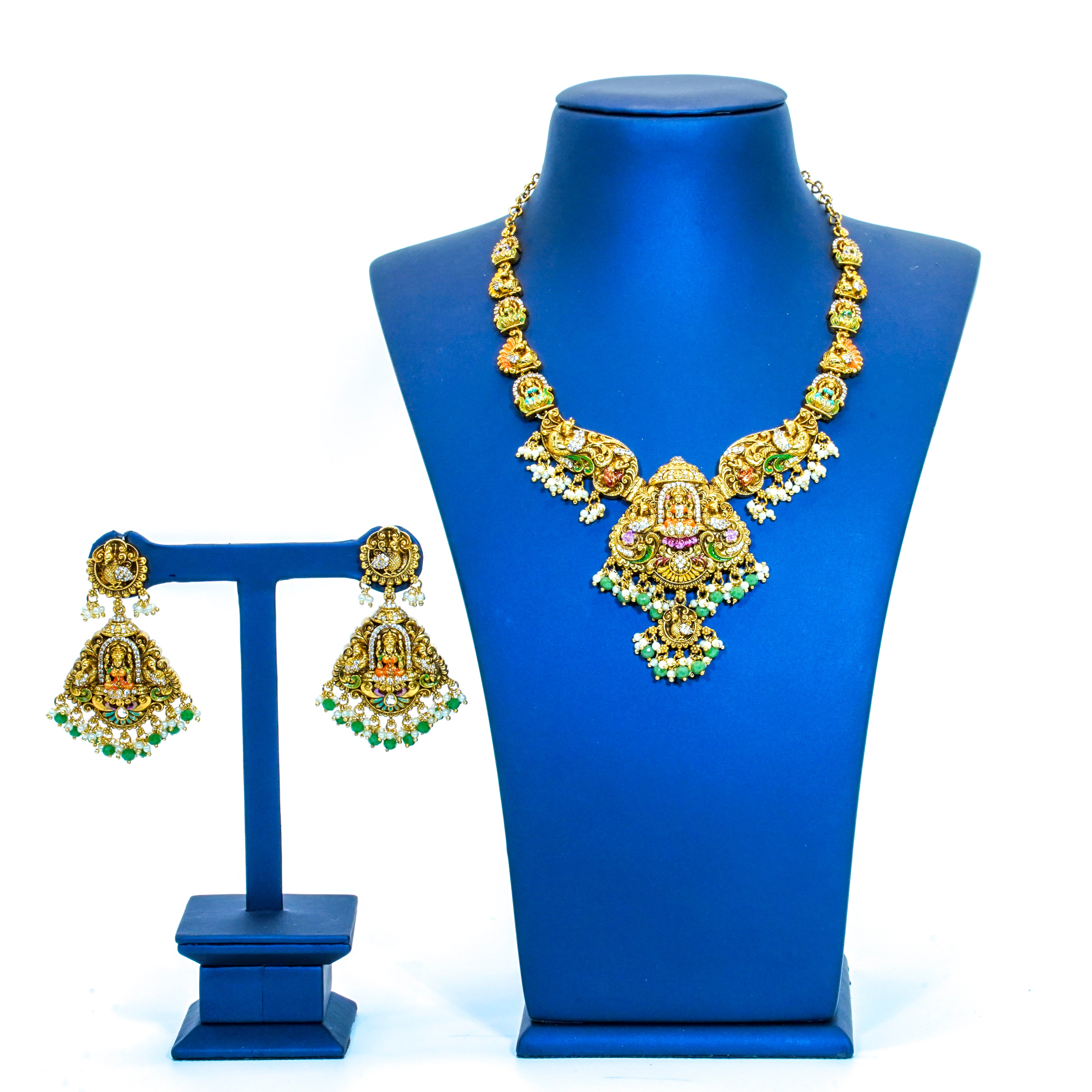 Stunning Enamel Painted Lakshmi Peacock Short Necklace