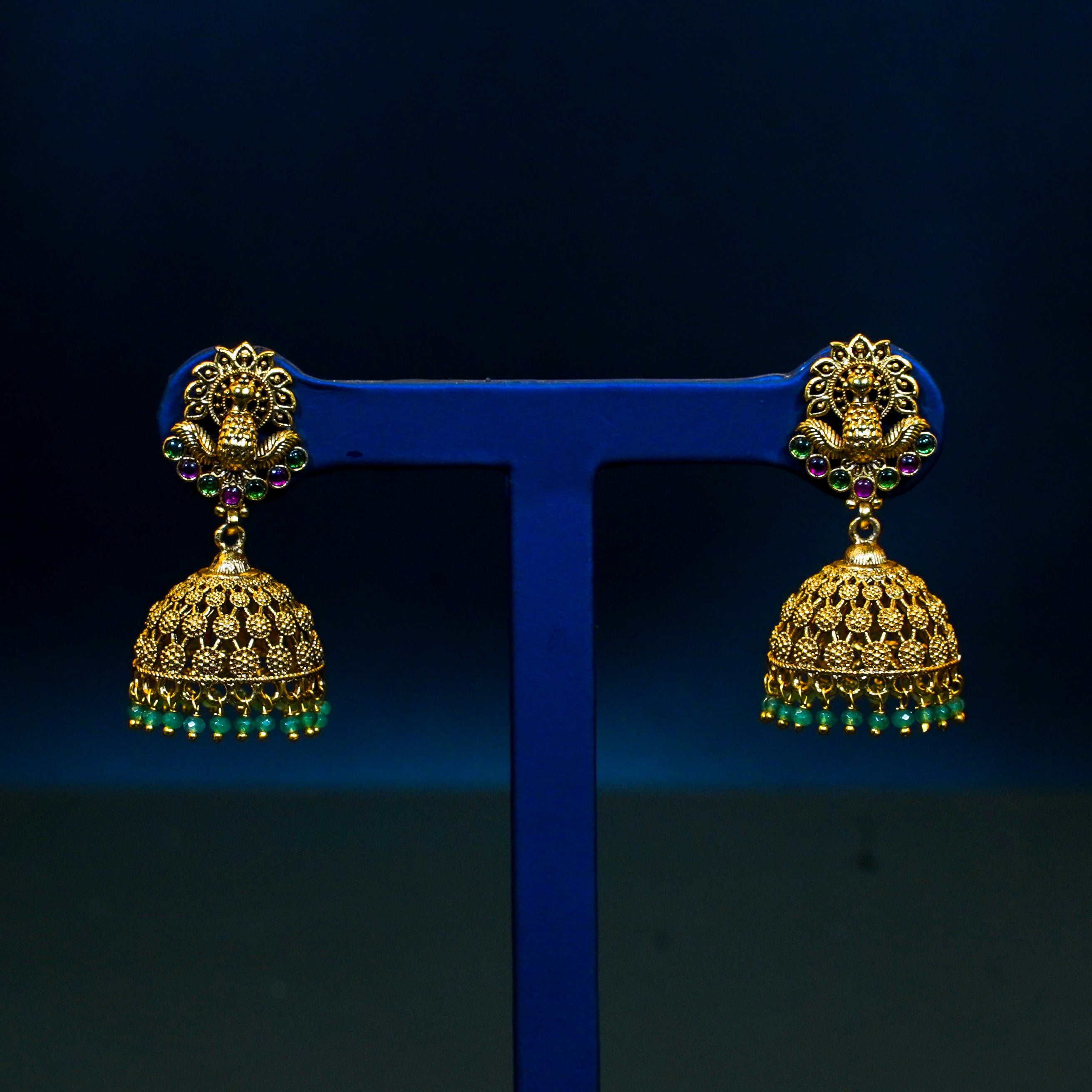 Elegant Peacock Jhumukas with Mintgreen Beads