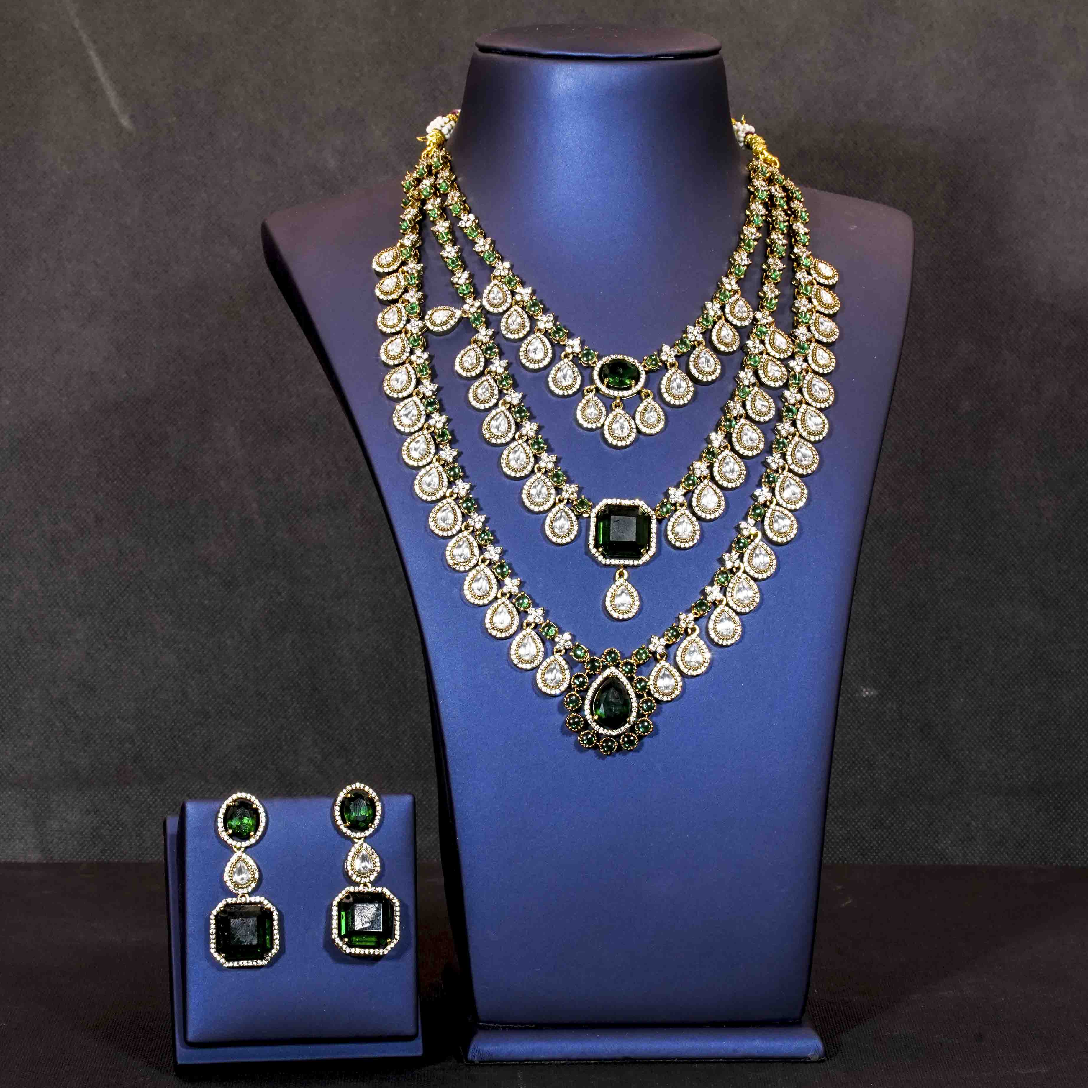 Stunning Layered Floral Emerald Stones Mid Length Necklace