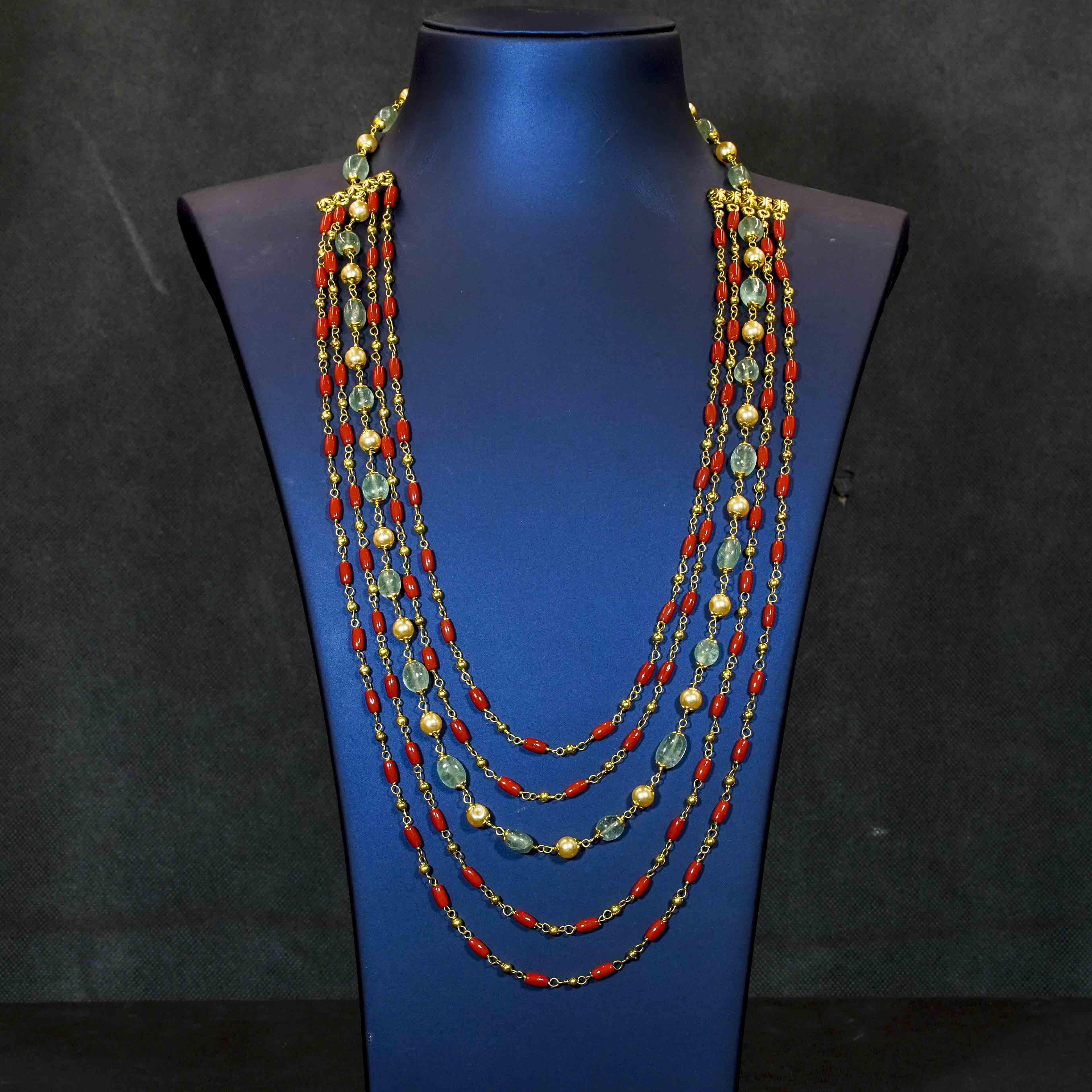 Five Layered Coral and Mint Green Beads Mid Length Necklace